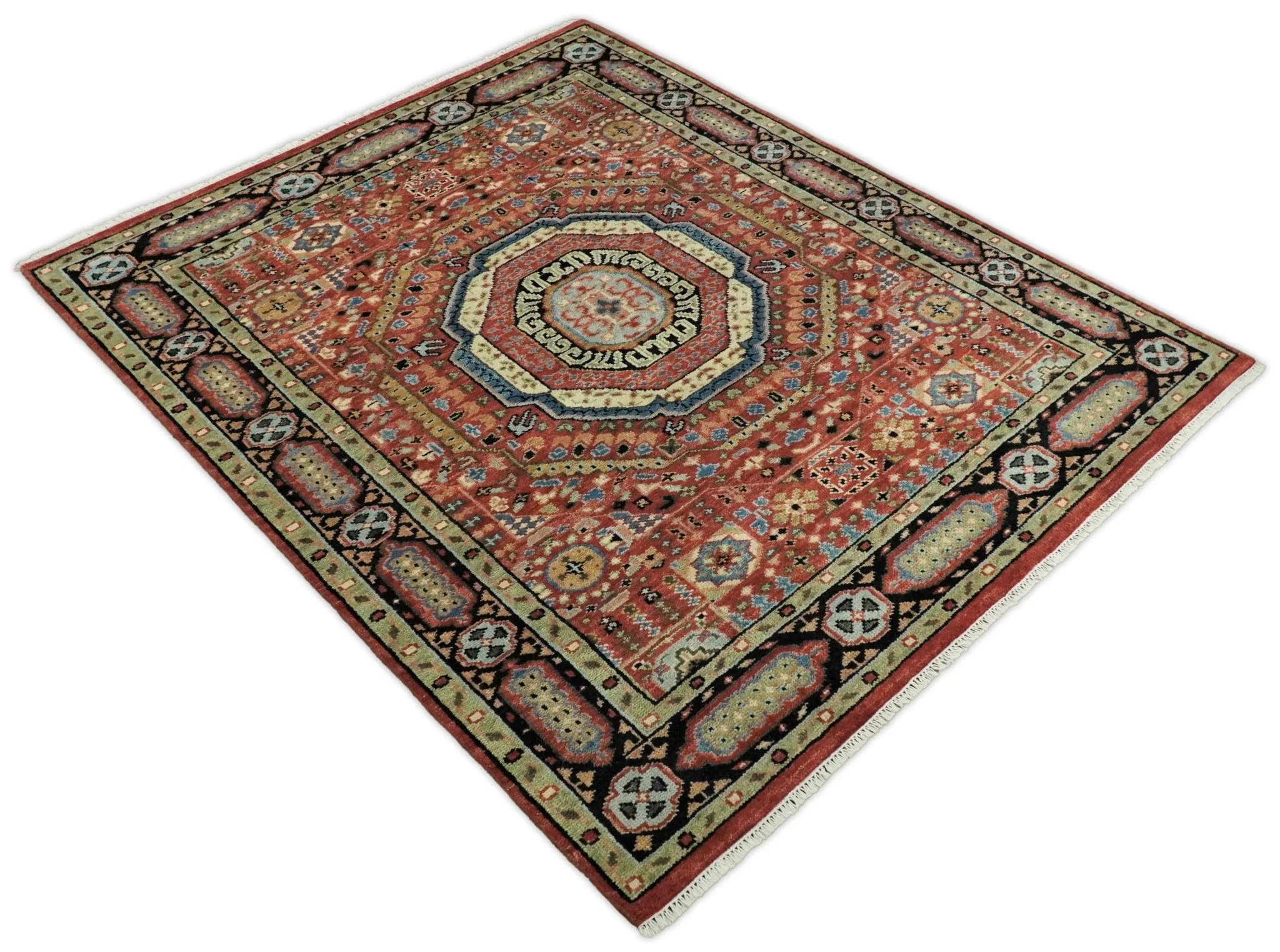 Fine Wool Hand Knotted Kazak Medallion Red and Black Traditional Rug - Image 9