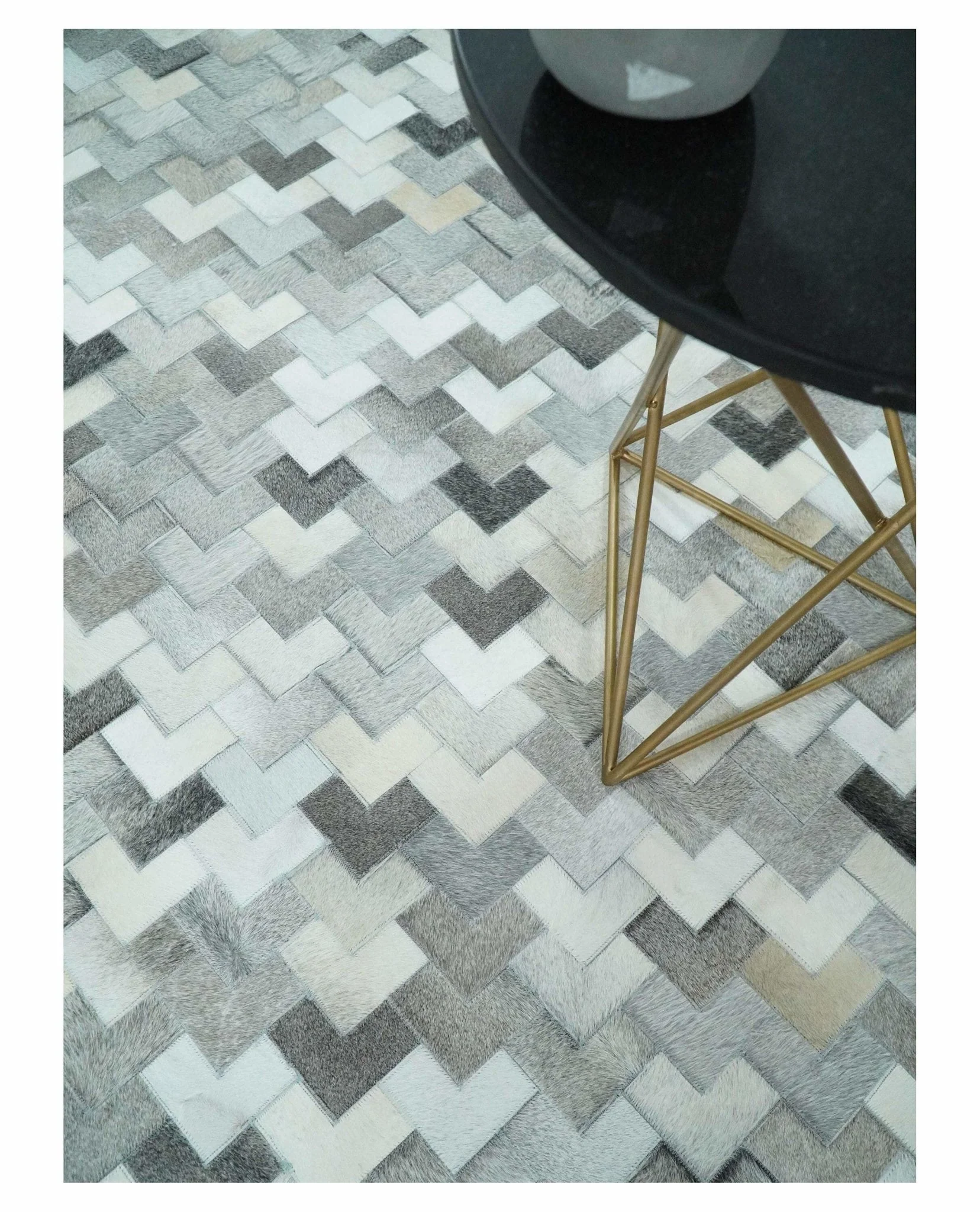Custom Made Ivory and Gray Leather Rug | Hairon Genuine Leather, Cowhide rug, Chevron Tile Geometric Rug - Image 2