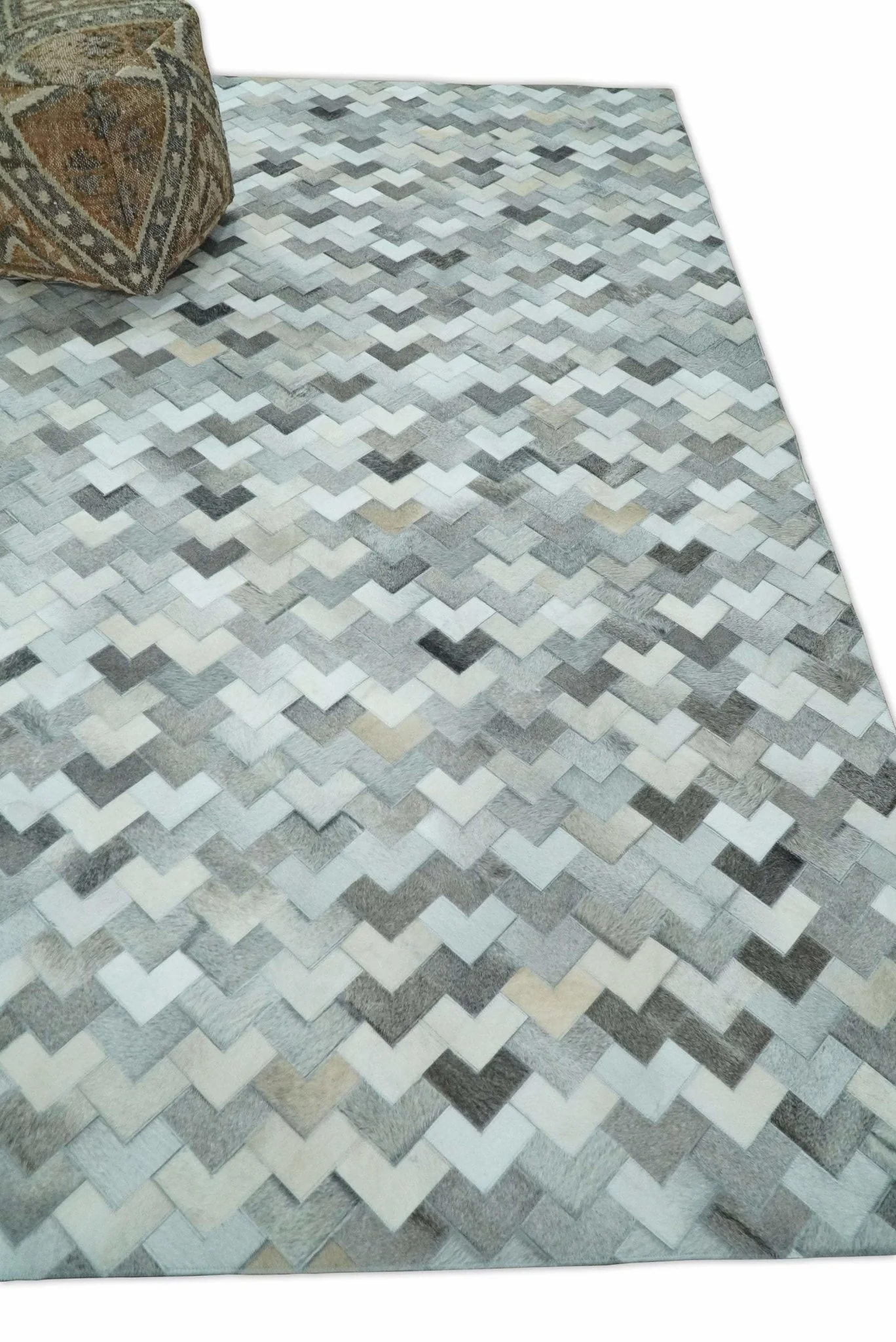 Custom Made Ivory and Gray Leather Rug | Hairon Genuine Leather, Cowhide rug, Chevron Tile Geometric Rug - Image 3
