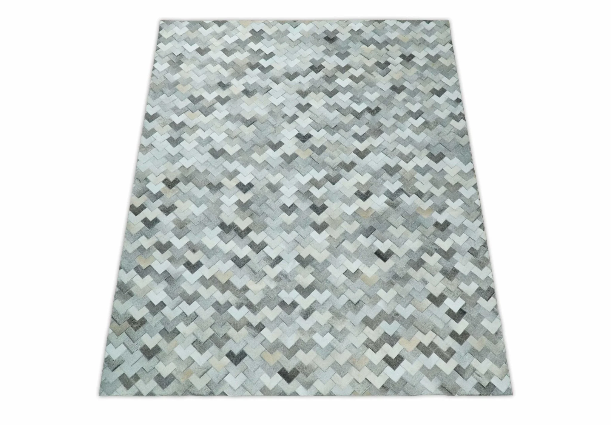 Custom Made Ivory and Gray Leather Rug | Hairon Genuine Leather, Cowhide rug, Chevron Tile Geometric Rug - Image 4