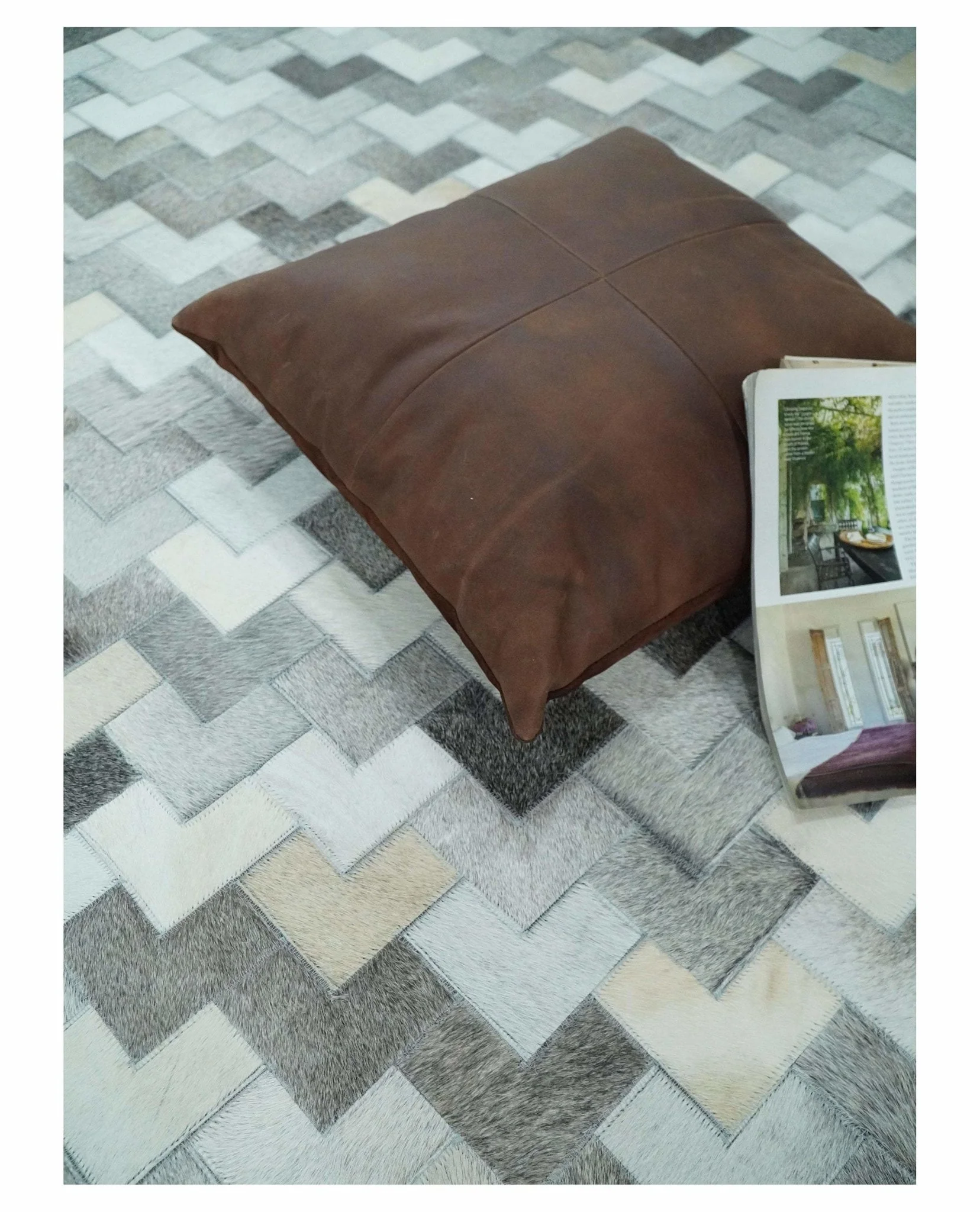 Custom Made Ivory and Gray Leather Rug | Hairon Genuine Leather, Cowhide rug, Chevron Tile Geometric Rug - Image 5