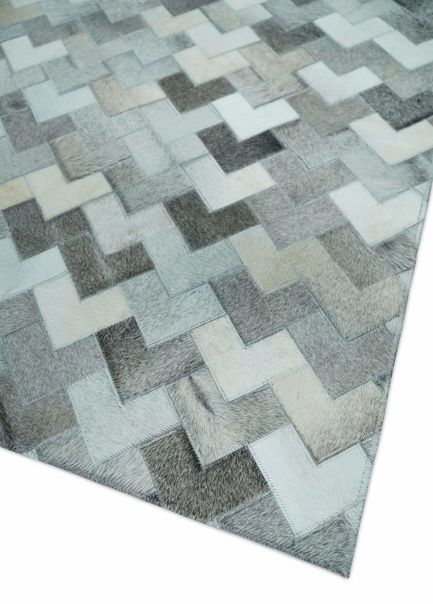 Custom Made Ivory and Gray Leather Rug | Hairon Genuine Leather, Cowhide rug, Chevron Tile Geometric Rug - Image 6