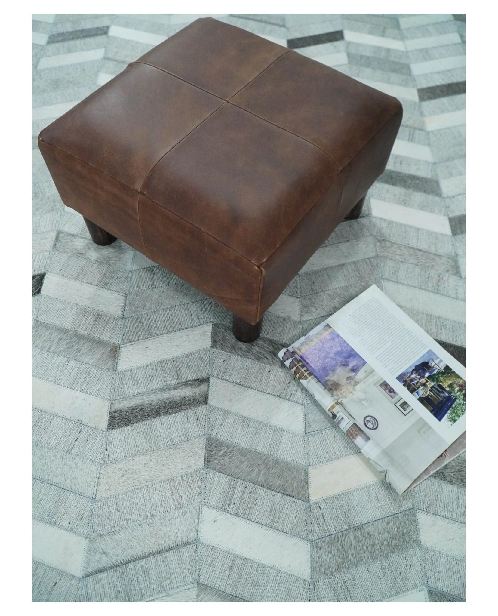 Custom Made Ivory and Gray Leather Rug | Hairon Genuine Leather, Cowhide rug, Chevron Geometric Rug - Image 3