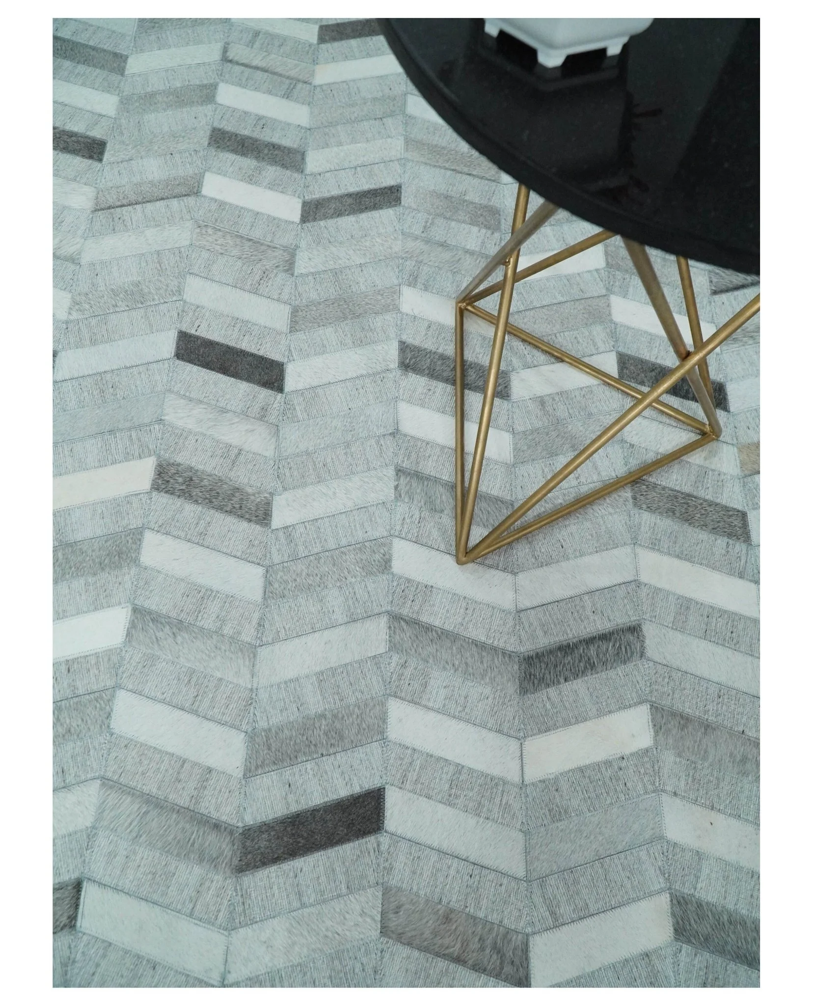 Custom Made Ivory and Gray Leather Rug | Hairon Genuine Leather, Cowhide rug, Chevron Geometric Rug - Image 4