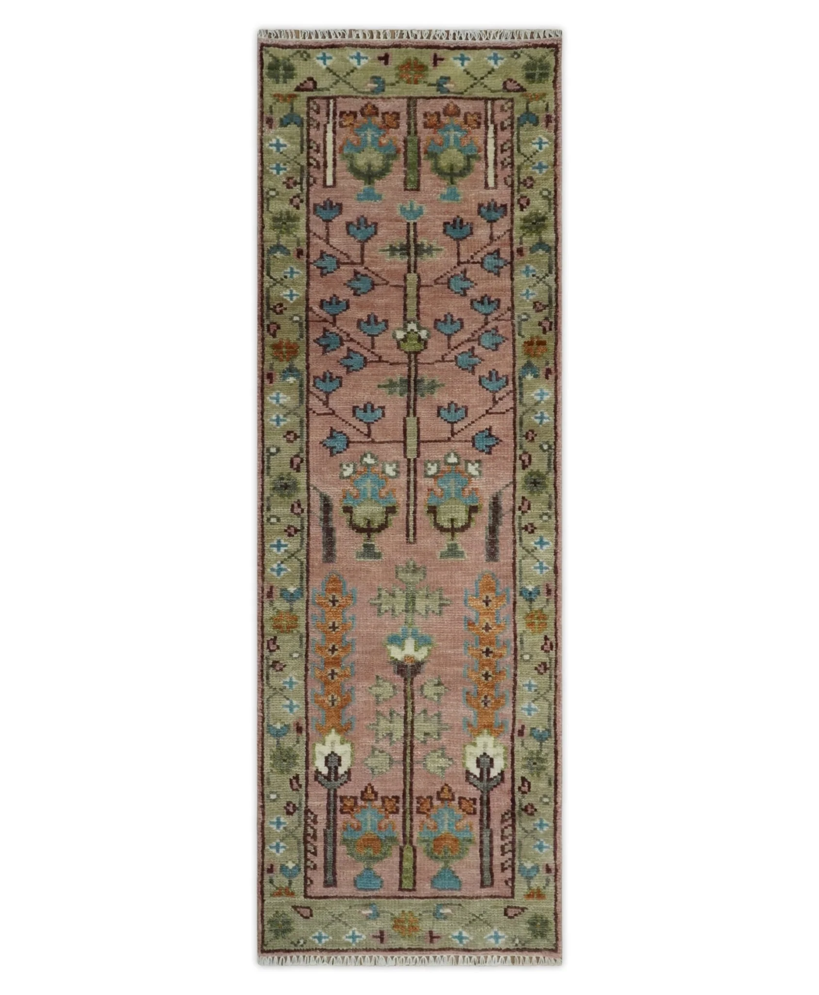 Ready to Ship Pink, Olive and Beige Traditional Vintage Style Tree Wool Rug - Image 10