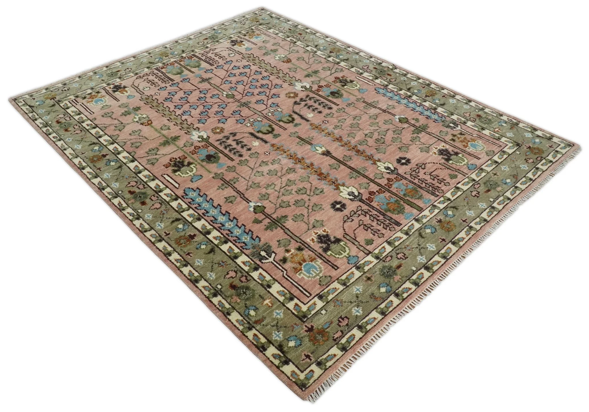 Ready to Ship Pink, Olive and Beige Traditional Vintage Style Tree Wool Rug - Image 12