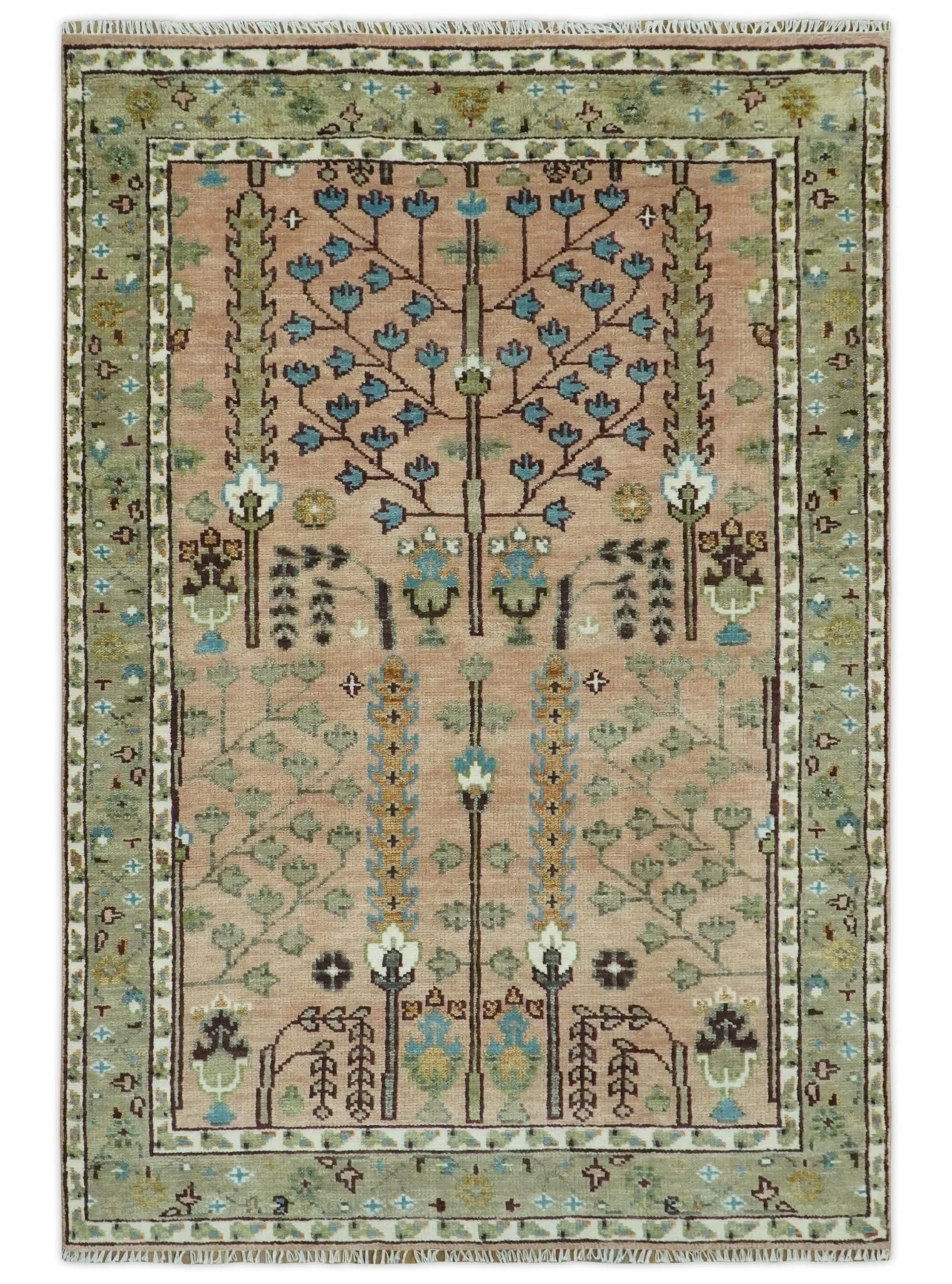 Ready to Ship Pink, Olive and Beige Traditional Vintage Style Tree Wool Rug - Image 13