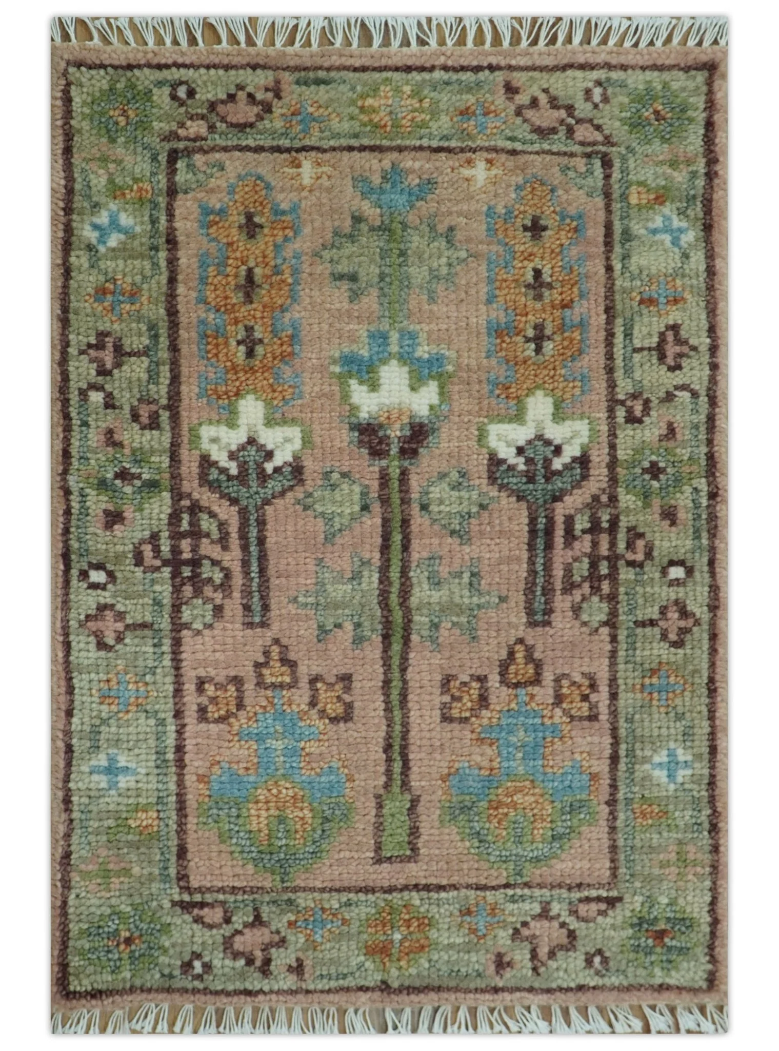 Ready to Ship Pink, Olive and Beige Traditional Vintage Style Tree Wool Rug - Image 14