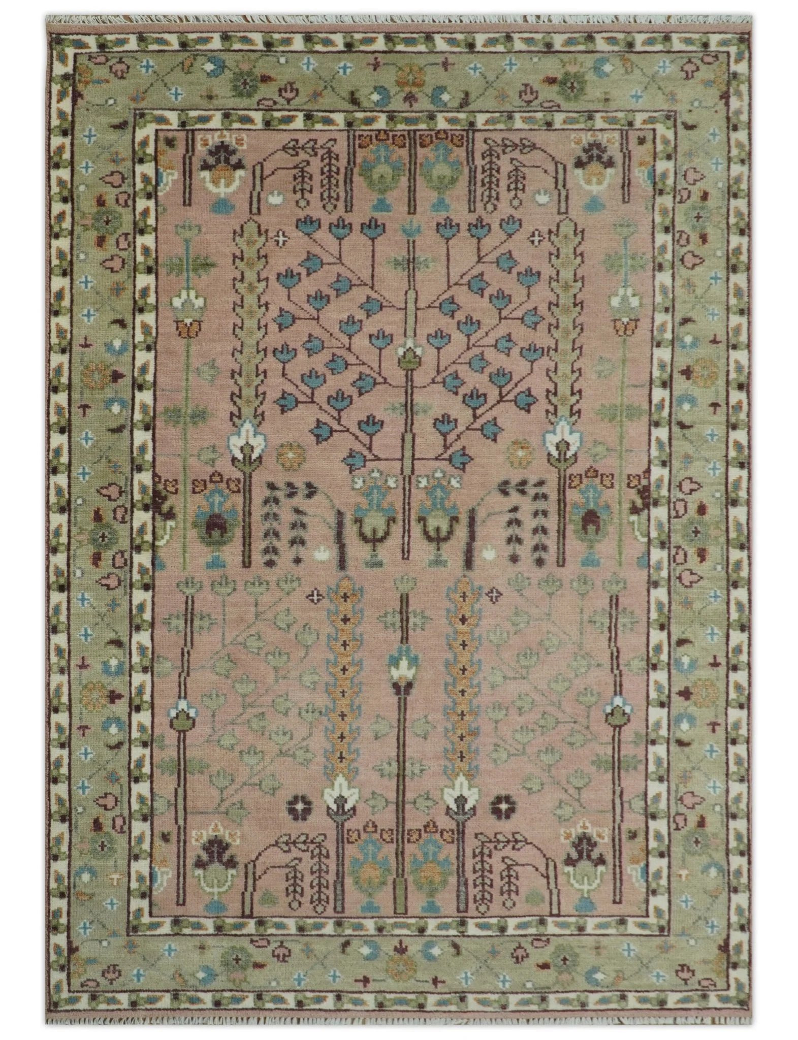 Ready to Ship Pink, Olive and Beige Traditional Vintage Style Tree Wool Rug - Image 15