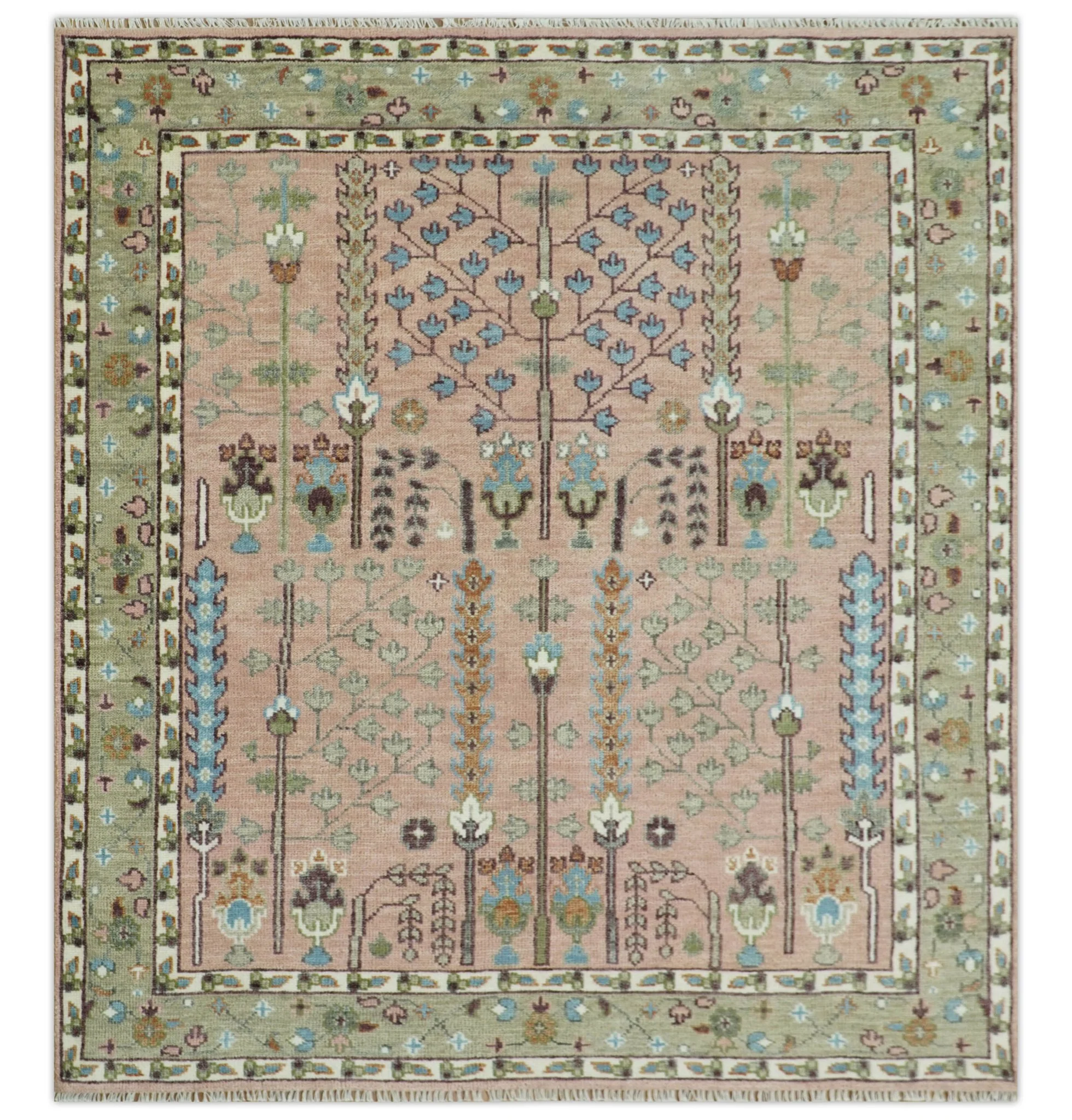 Ready to Ship Pink, Olive and Beige Traditional Vintage Style Tree Wool Rug - Image 16