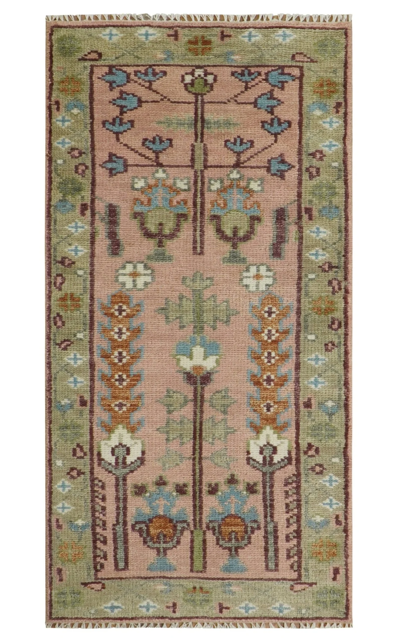 Ready to Ship Pink, Olive and Beige Traditional Vintage Style Tree Wool Rug - Image 17