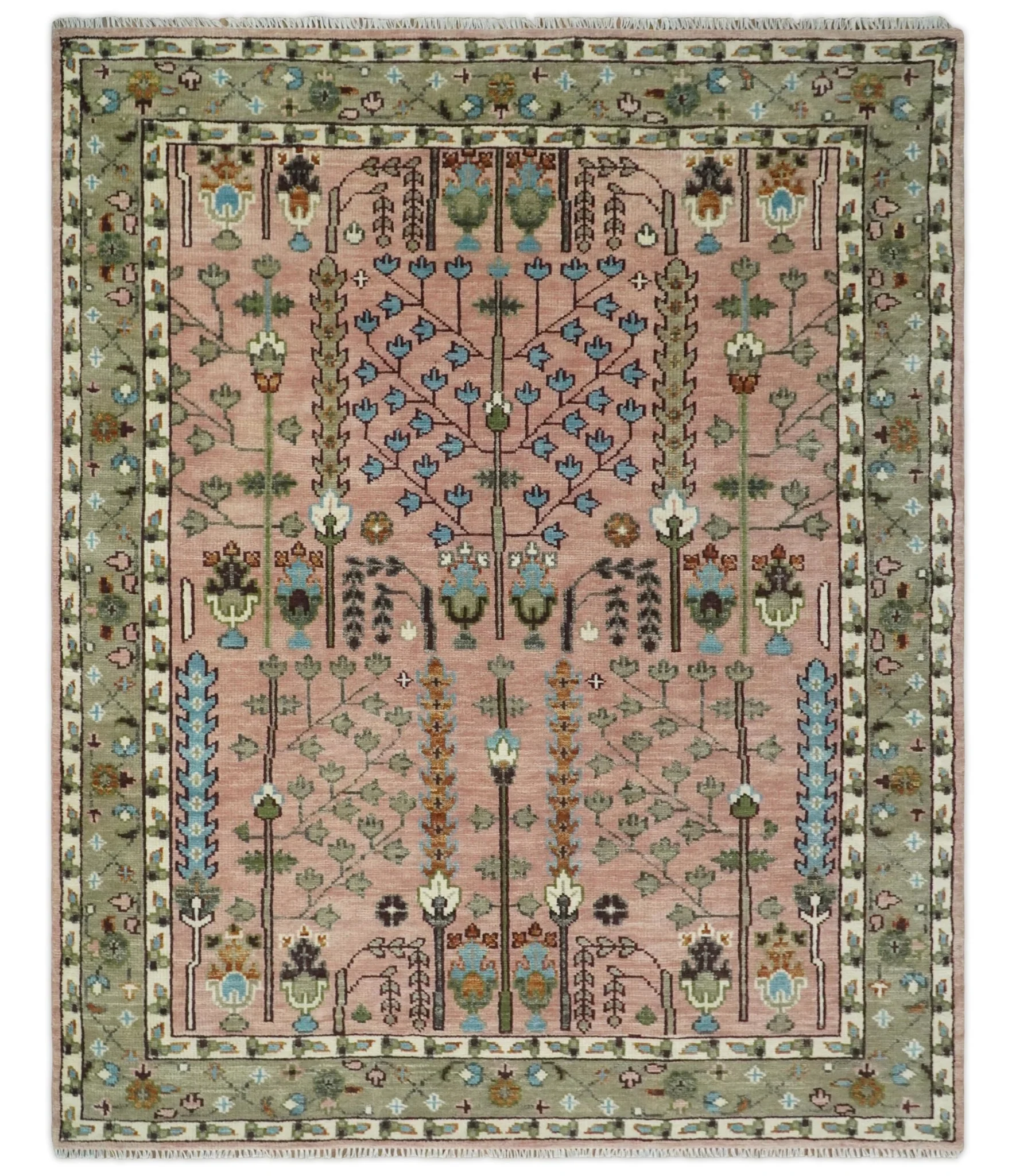 Ready to Ship Pink, Olive and Beige Traditional Vintage Style Tree Wool Rug - Image 2