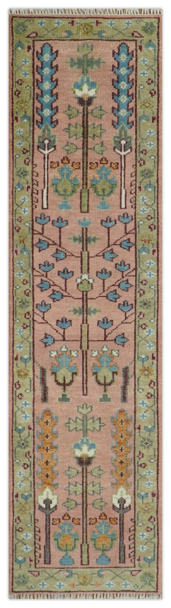 Ready to Ship Pink, Olive and Beige Traditional Vintage Style Tree Wool Rug - Image 20