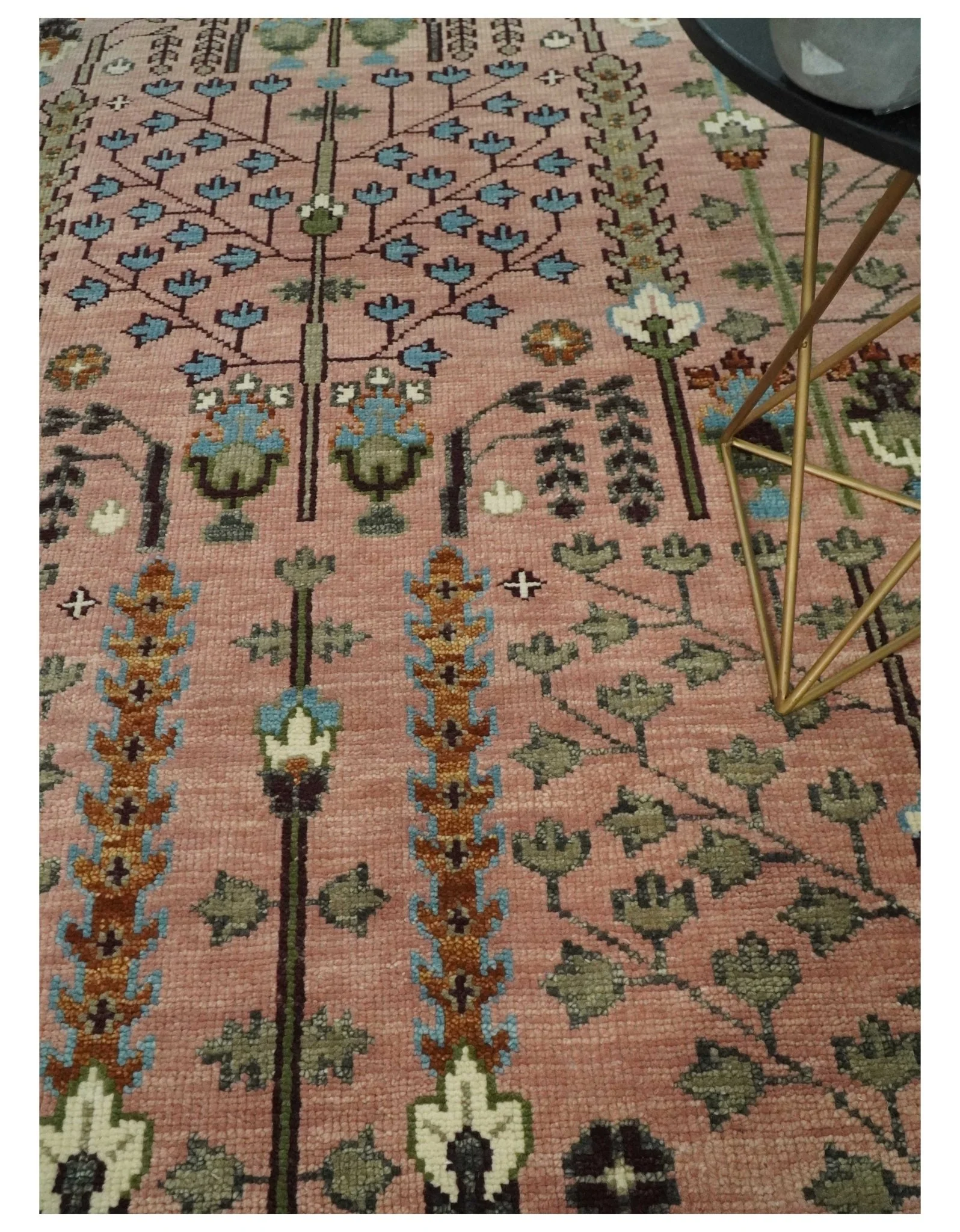 Ready to Ship Pink, Olive and Beige Traditional Vintage Style Tree Wool Rug - Image 3