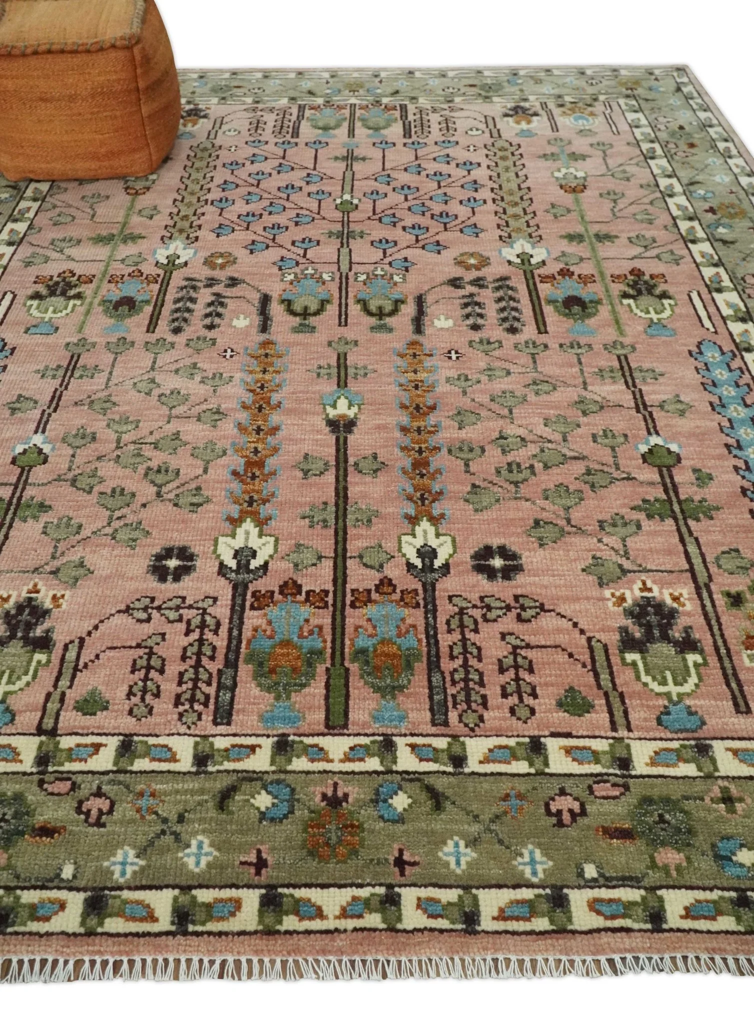 Ready to Ship Pink, Olive and Beige Traditional Vintage Style Tree Wool Rug - Image 4