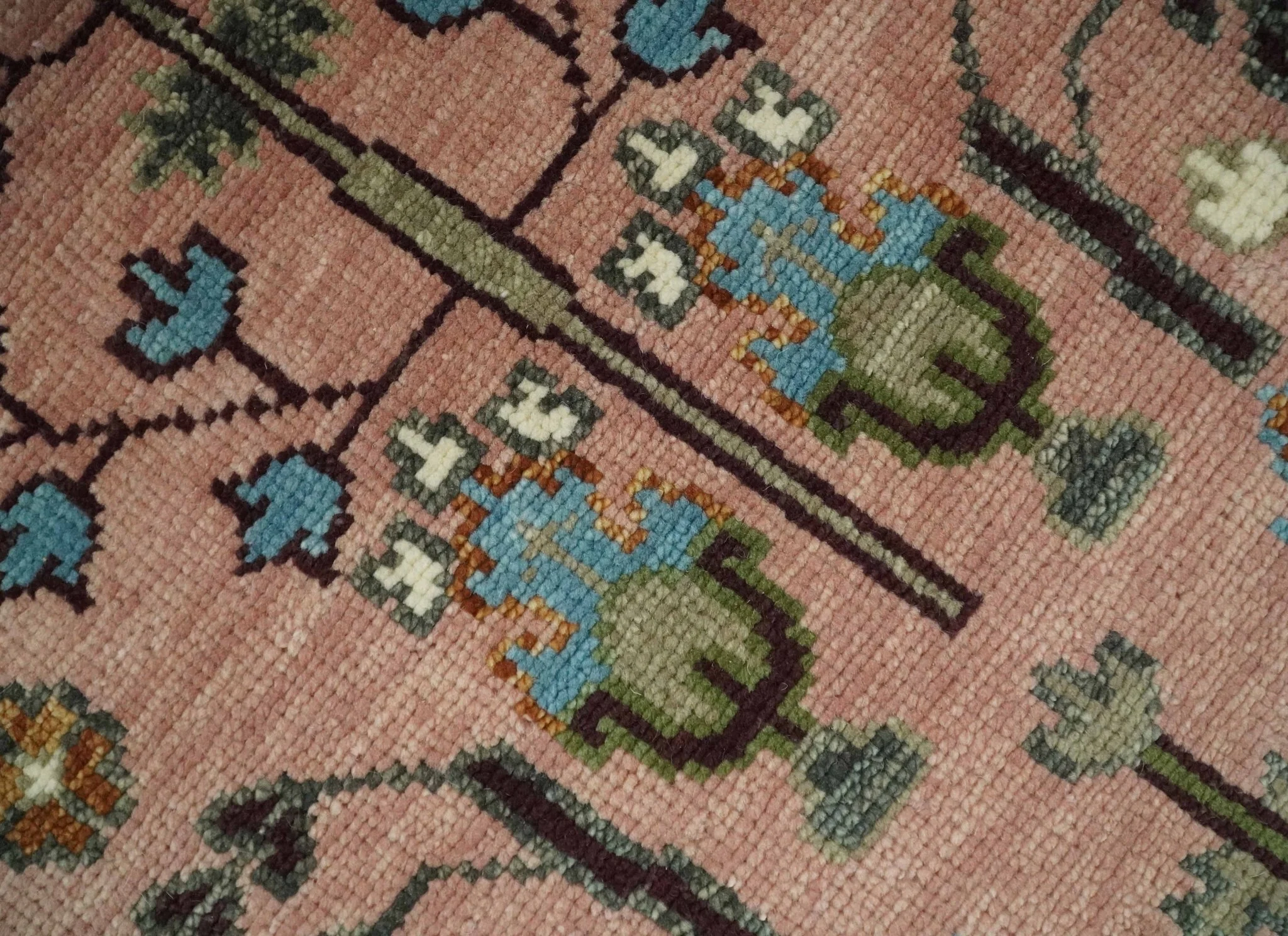 Ready to Ship Pink, Olive and Beige Traditional Vintage Style Tree Wool Rug - Image 5