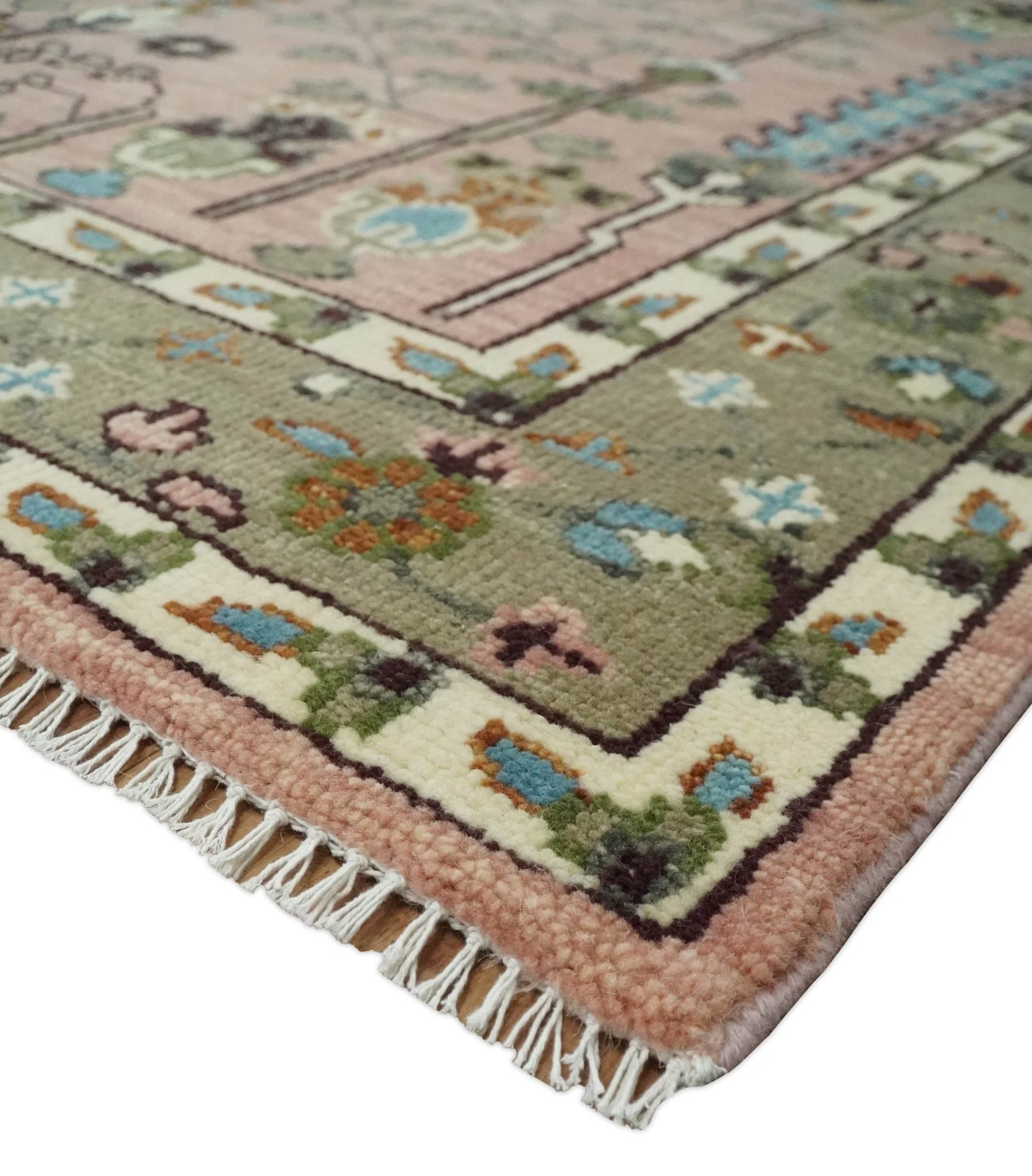Ready to Ship Pink, Olive and Beige Traditional Vintage Style Tree Wool Rug - Image 6