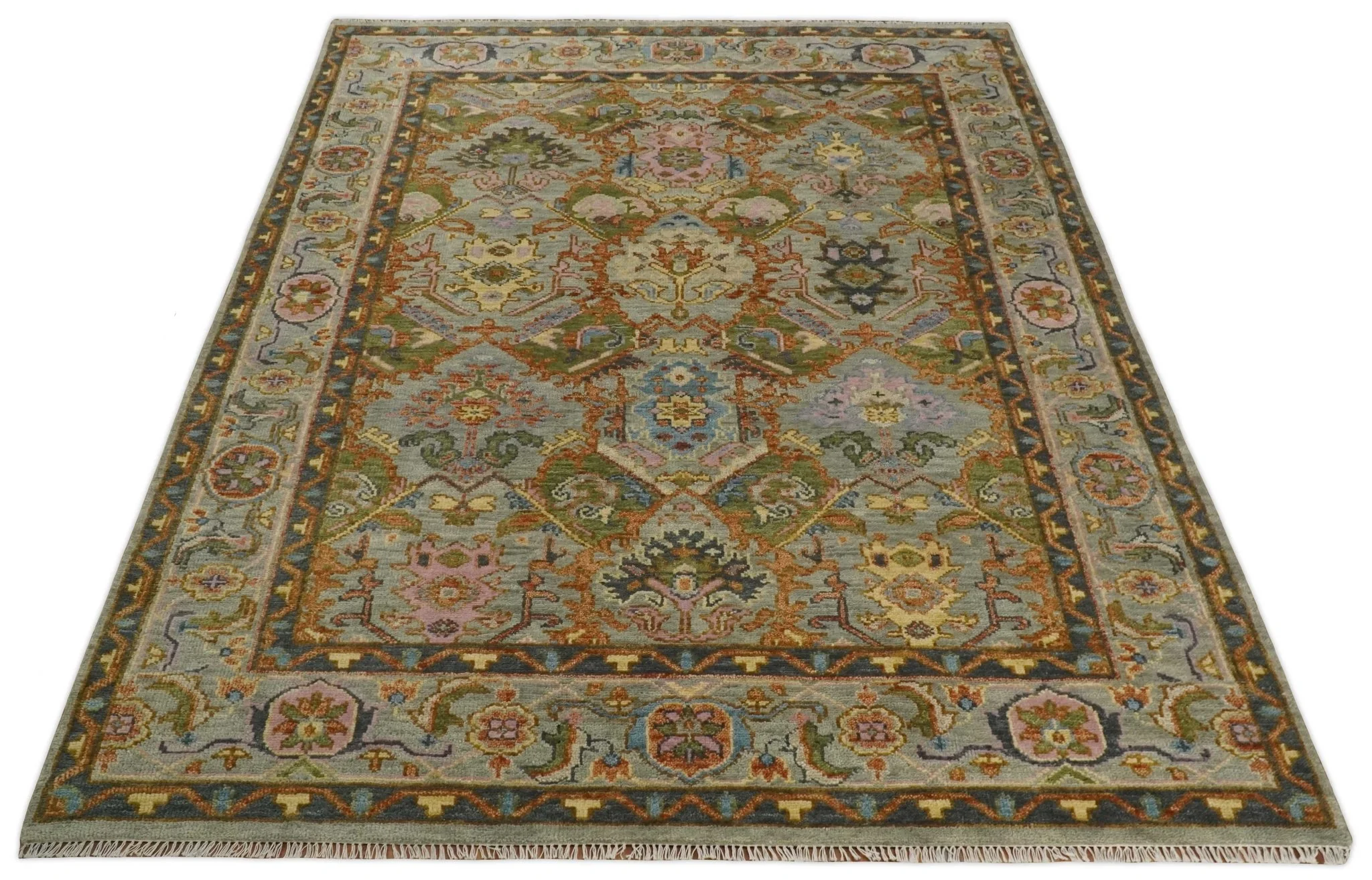 Hand knotted Silver, Rust and Pink Traditional Antique Moss green Oushak Area Rug - Image 10