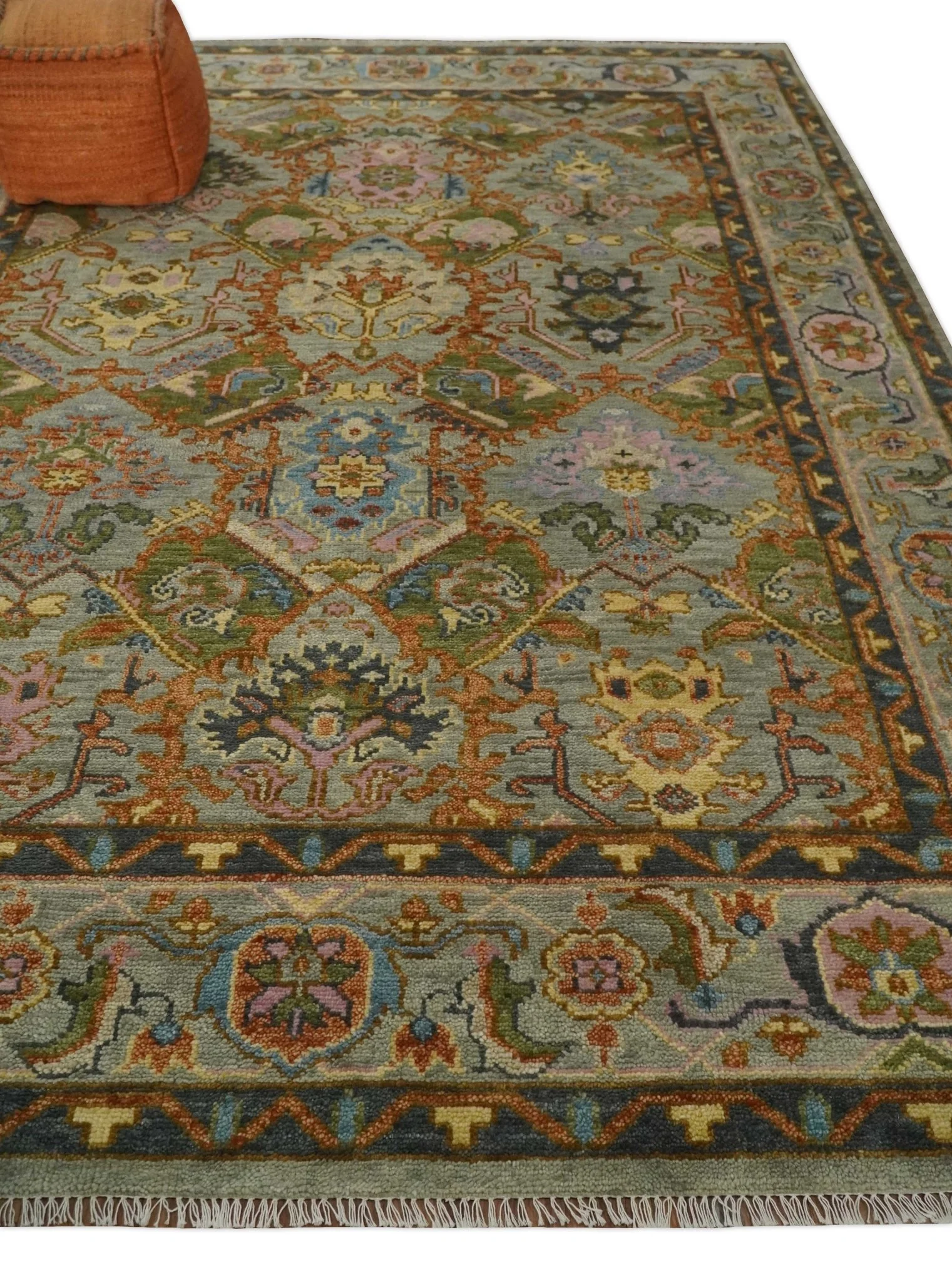Hand knotted Silver, Rust and Pink Traditional Antique Moss green Oushak Area Rug - Image 3