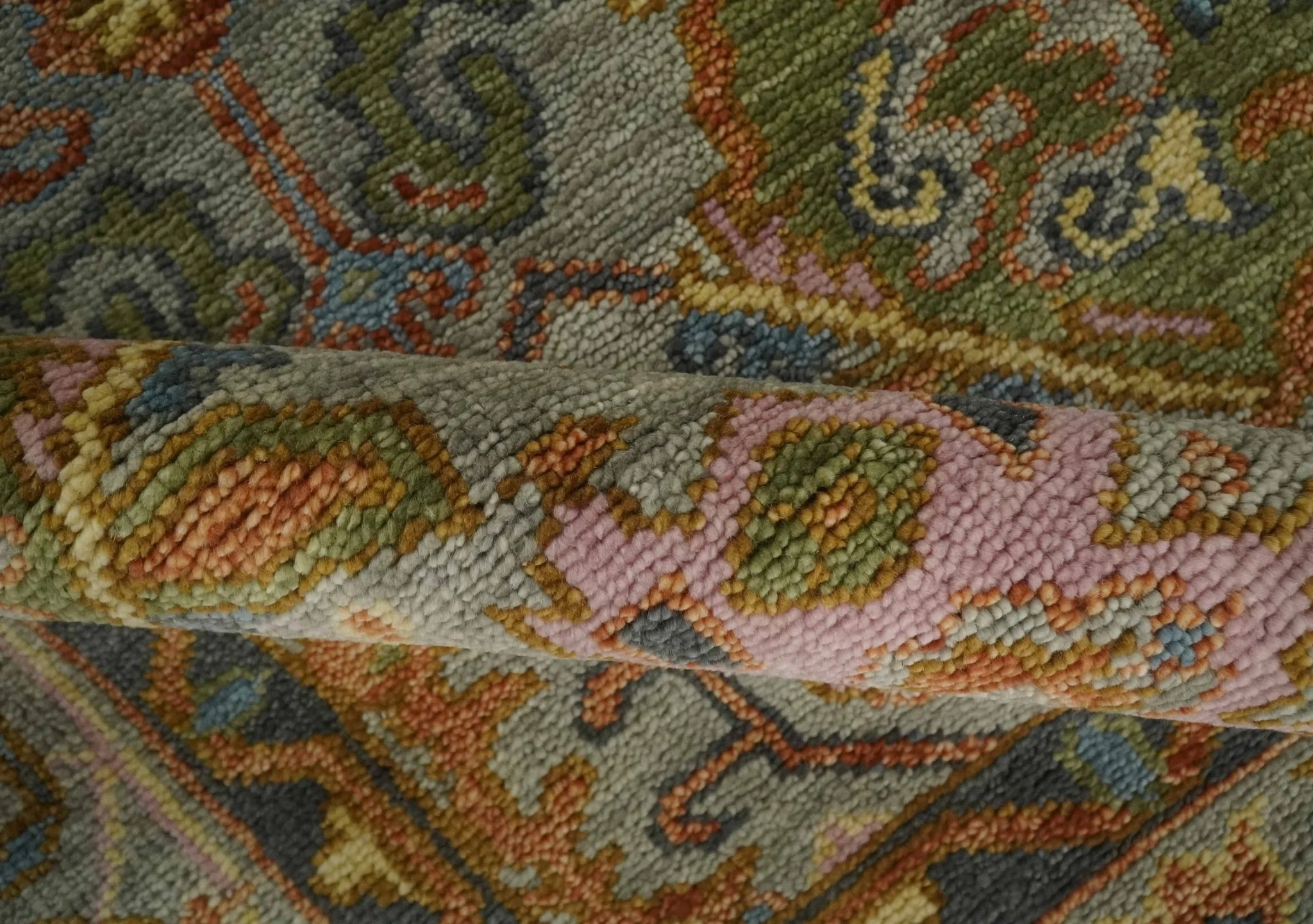 Hand knotted Silver, Rust and Pink Traditional Antique Moss green Oushak Area Rug - Image 8