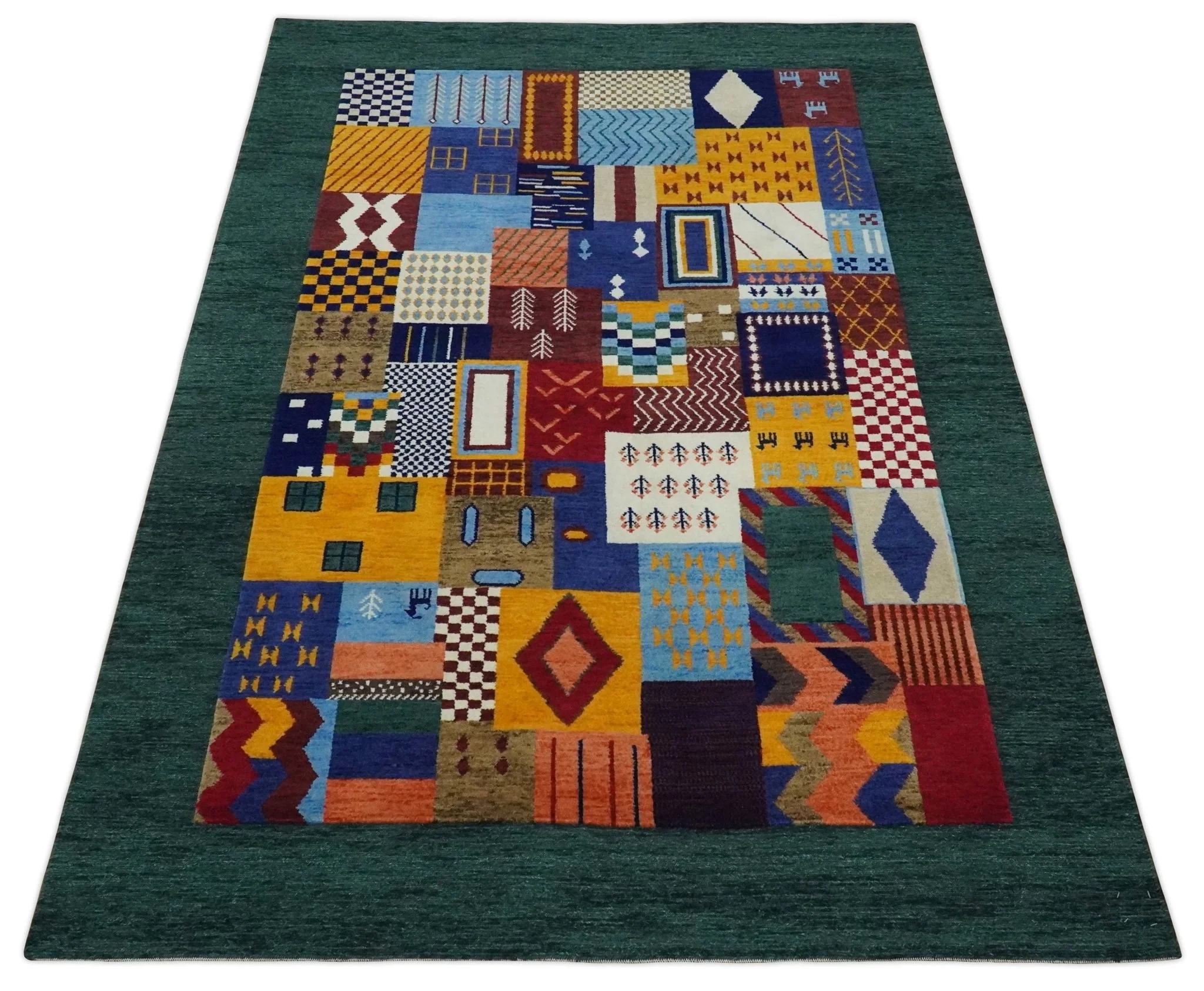 Soumak loop and cut 5x7 Multicolor Shapes Modern Artistic Wool Hand Woven Rug | KNT41 - Image 9