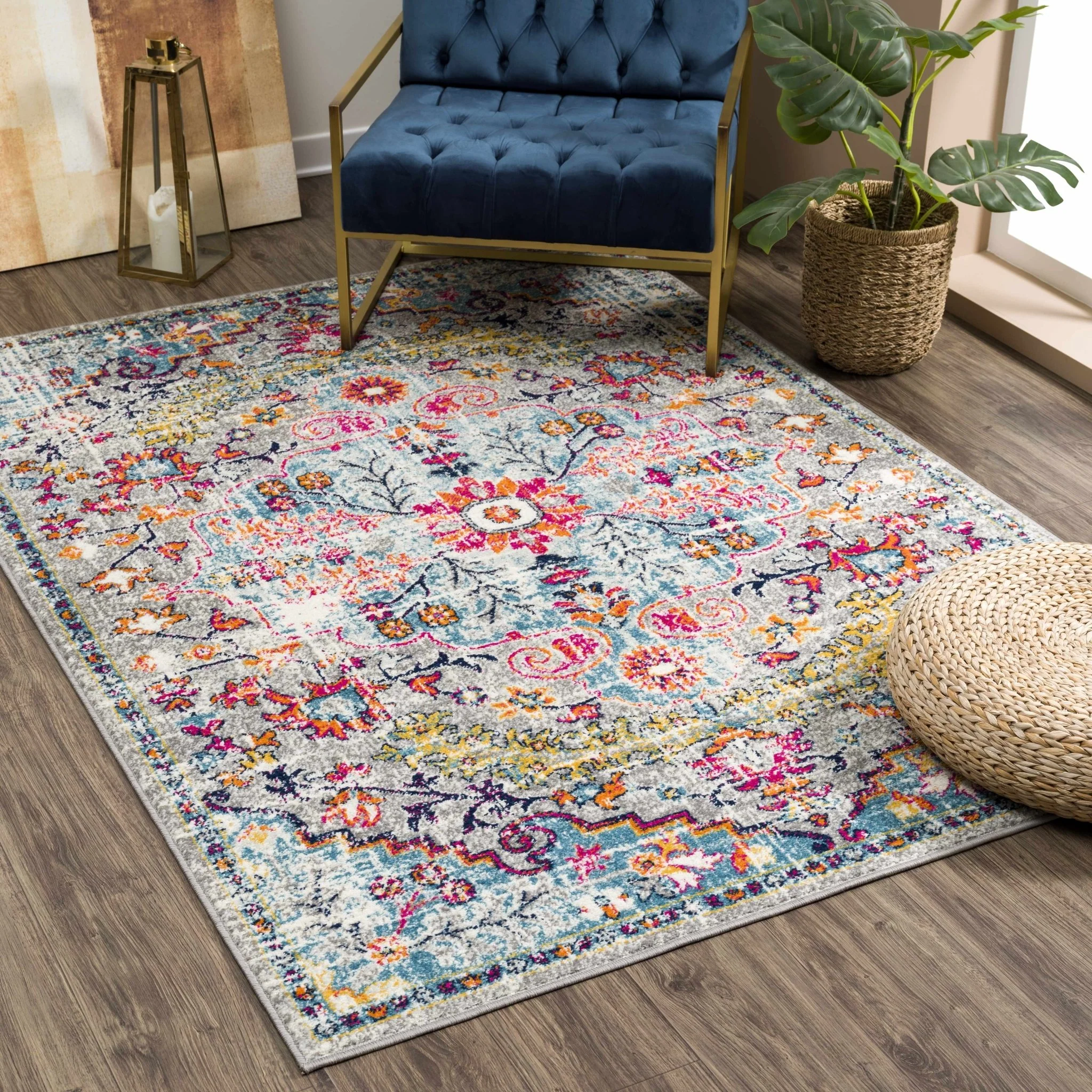 Vibrant Colorful Teal, Gray, Pink and Rust Medallion Design Area Rug - Image 2