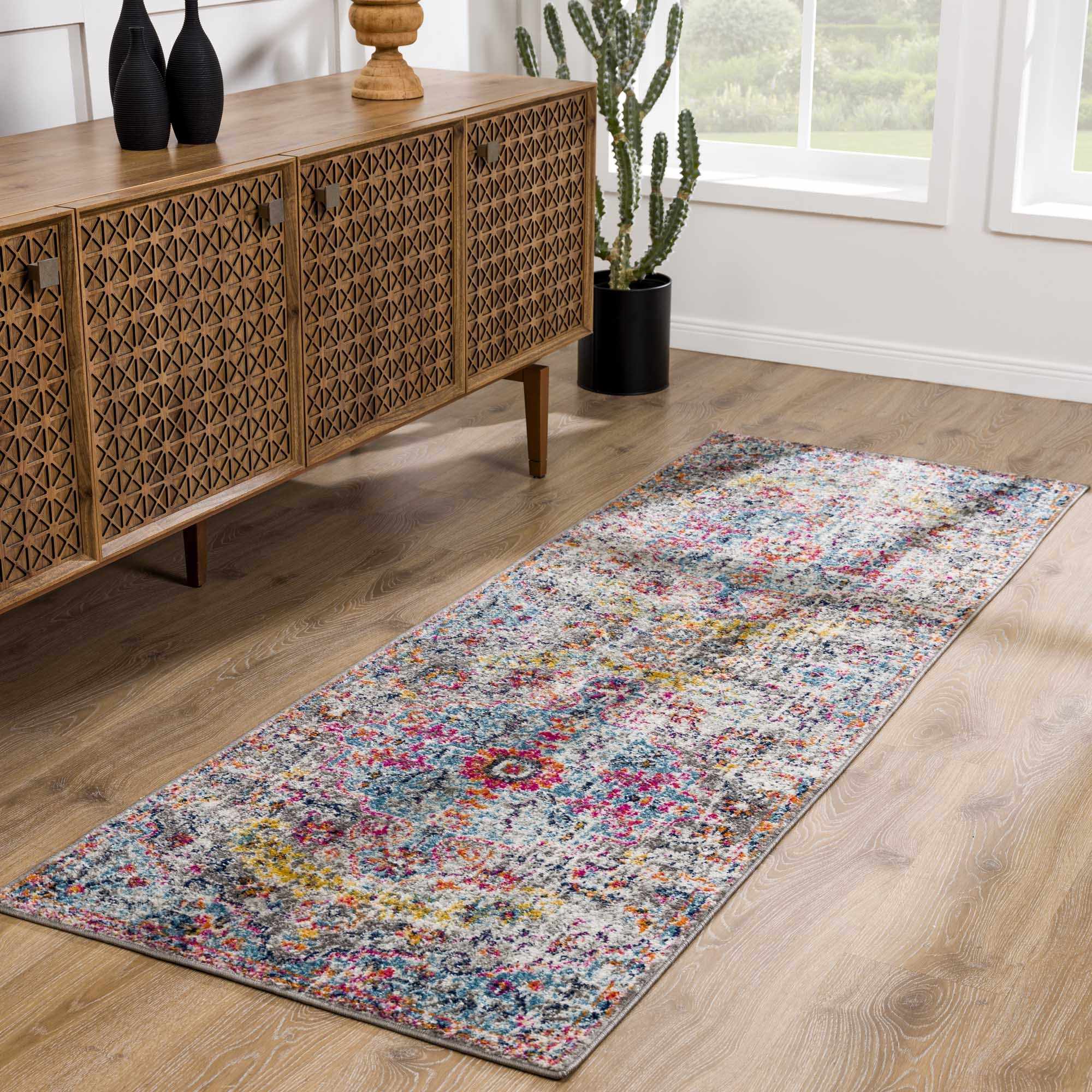 Vibrant Colorful Teal, Gray, Pink and Rust Medallion Design Area Rug - Image 3