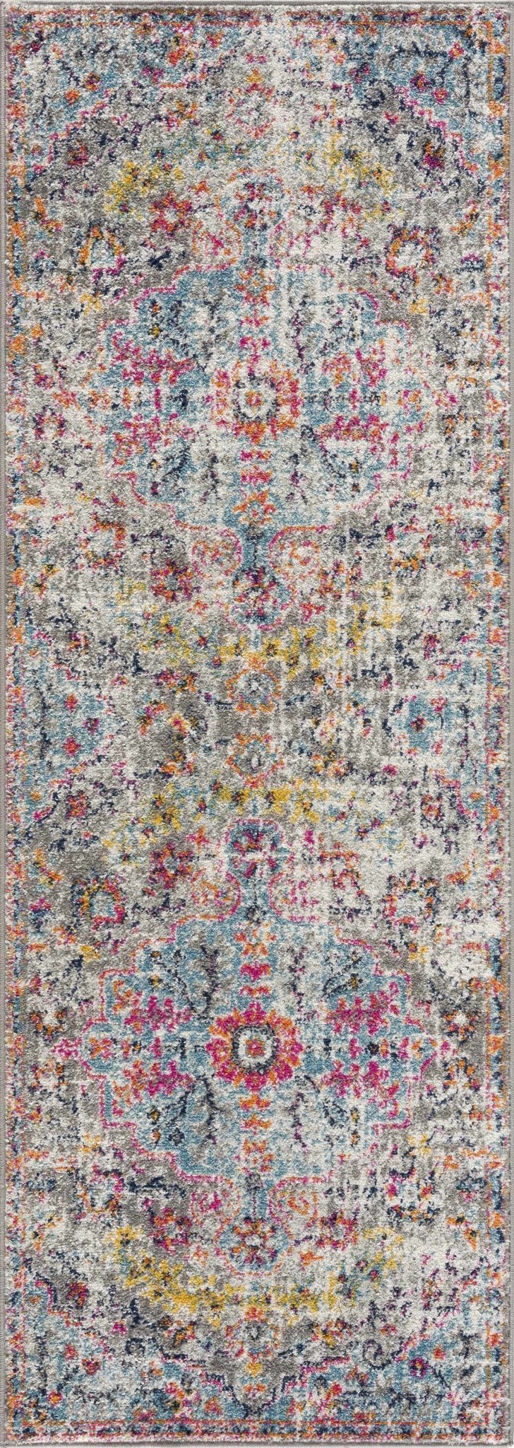 Vibrant Colorful Teal, Gray, Pink and Rust Medallion Design Area Rug - Image 4