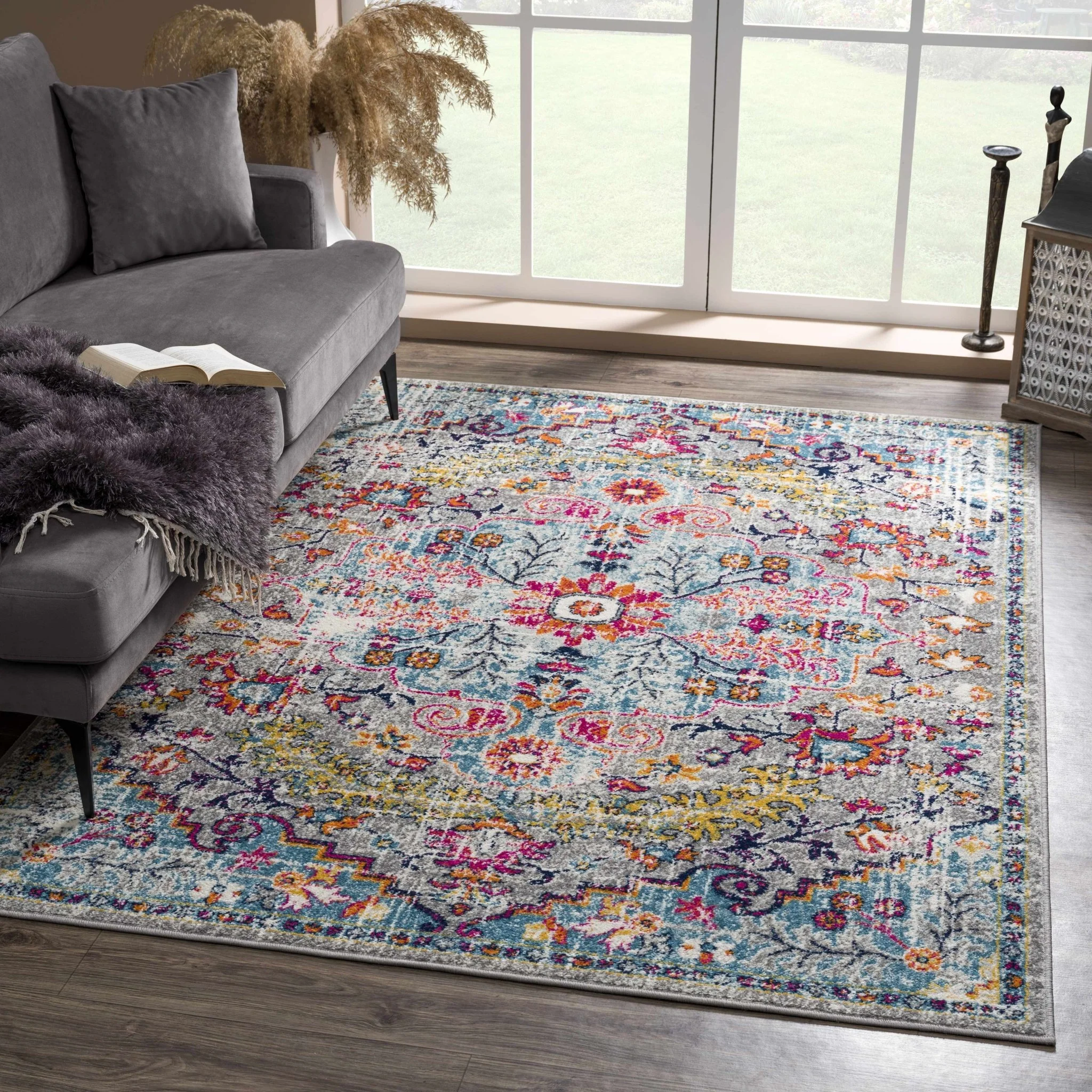 Vibrant Colorful Teal, Gray, Pink and Rust Medallion Design Area Rug - Image 5