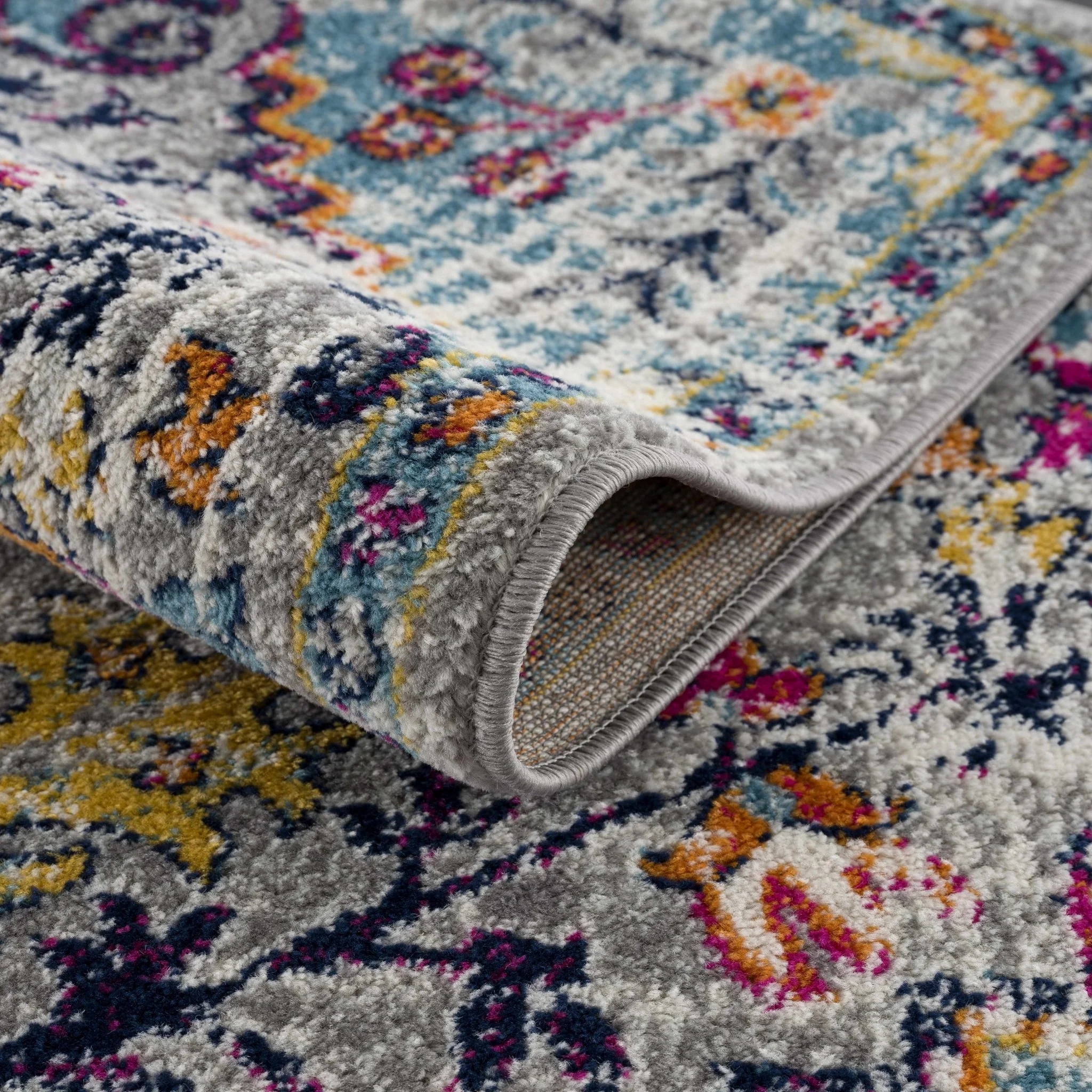 Vibrant Colorful Teal, Gray, Pink and Rust Medallion Design Area Rug - Image 7