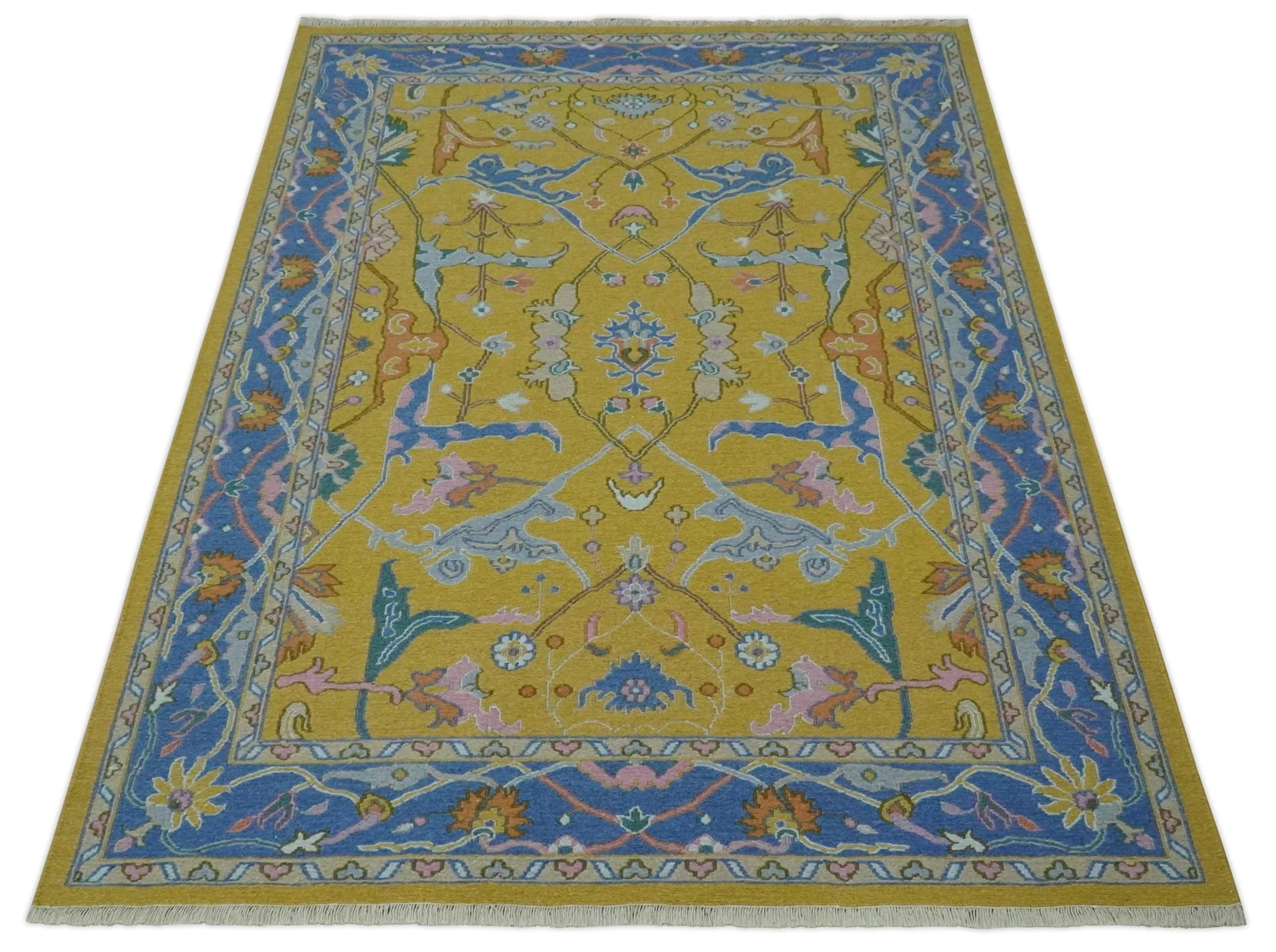 Mustard and Blue Hand-Knotted Sumac Weave oriental Oushak 5.5x7.8 wool Area Rug - Image 10