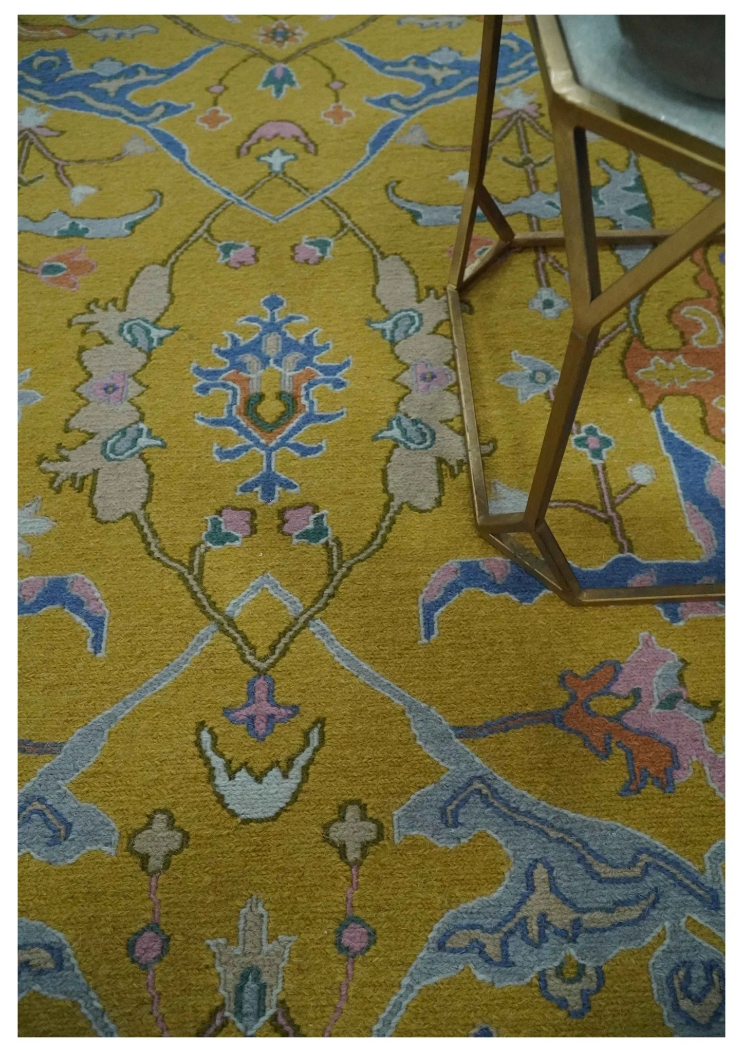 Mustard and Blue Hand-Knotted Sumac Weave oriental Oushak 5.5x7.8 wool Area Rug - Image 2