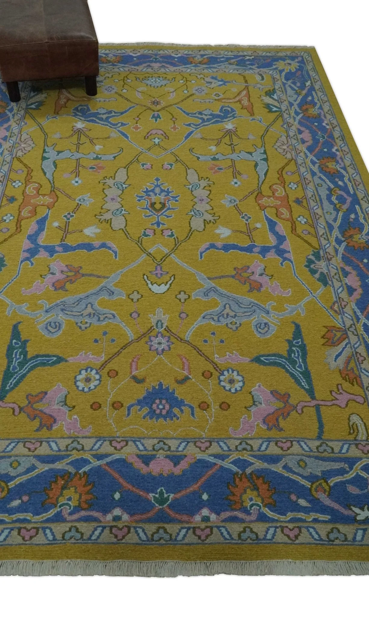 Mustard and Blue Hand-Knotted Sumac Weave oriental Oushak 5.5x7.8 wool Area Rug - Image 3