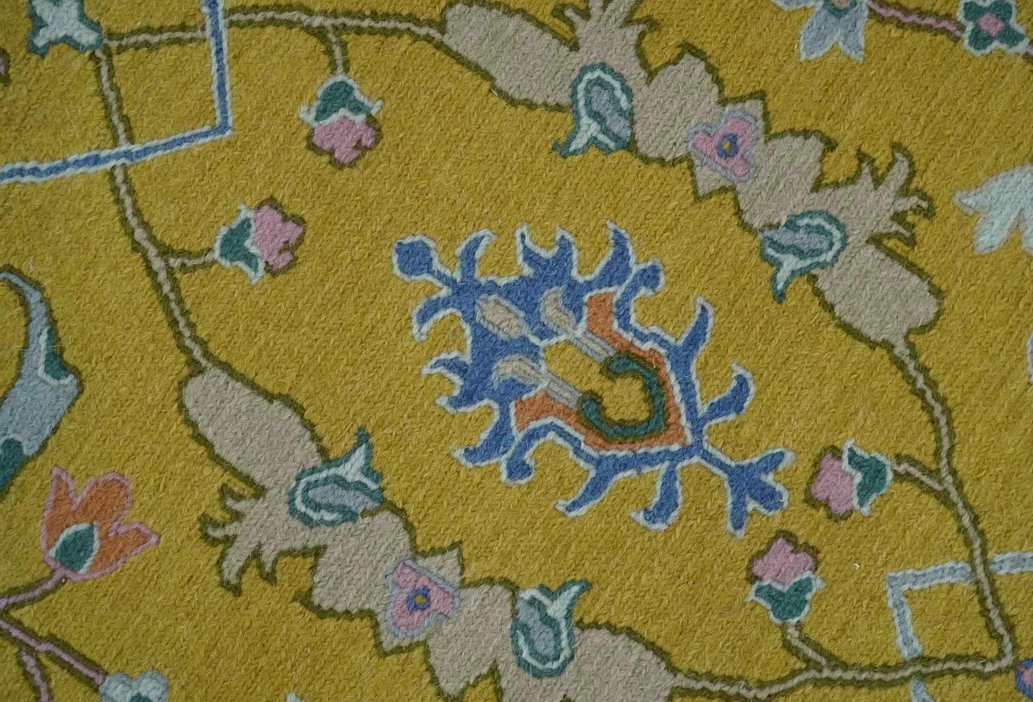 Mustard and Blue Hand-Knotted Sumac Weave oriental Oushak 5.5x7.8 wool Area Rug - Image 4