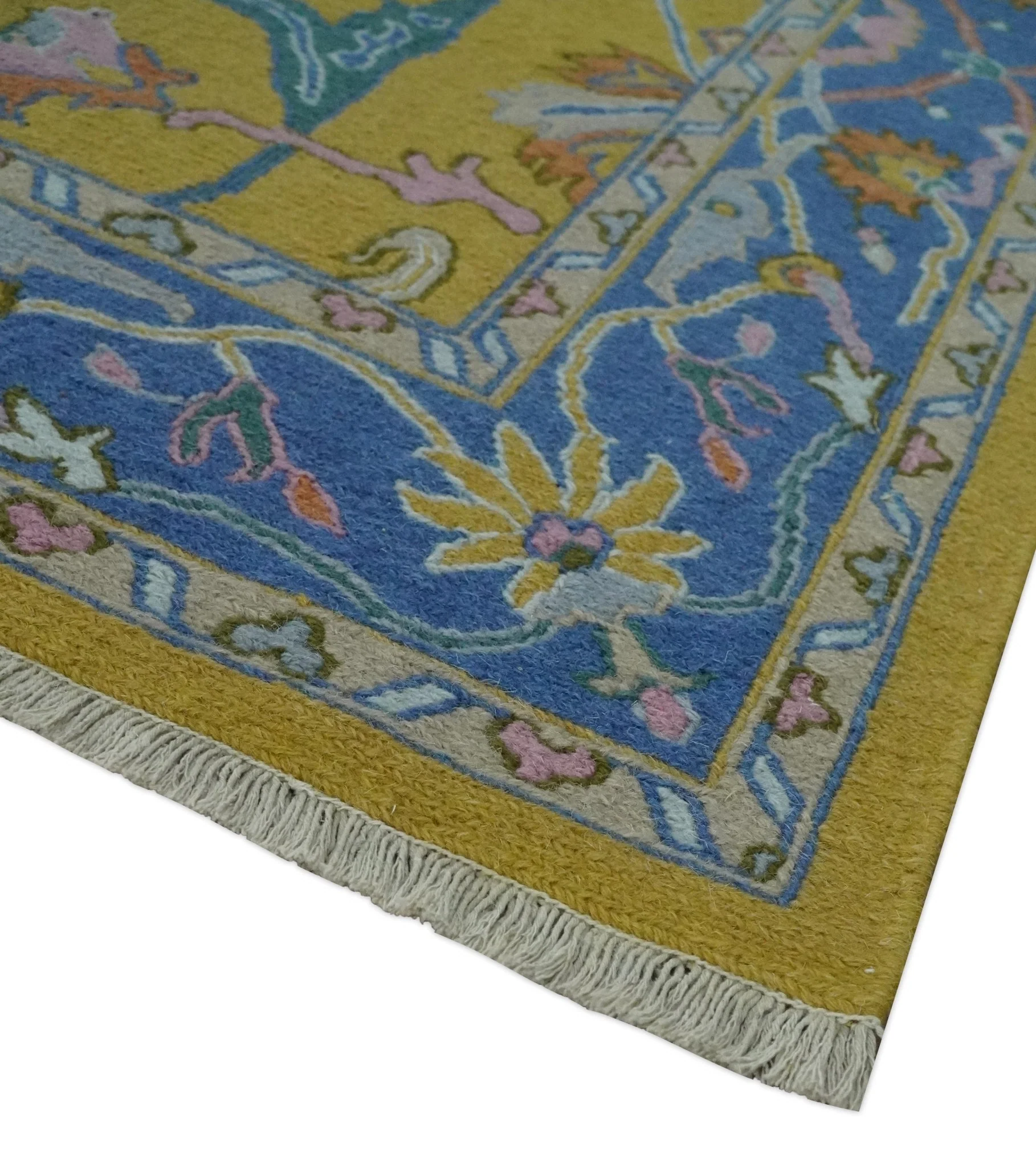 Mustard and Blue Hand-Knotted Sumac Weave oriental Oushak 5.5x7.8 wool Area Rug - Image 5