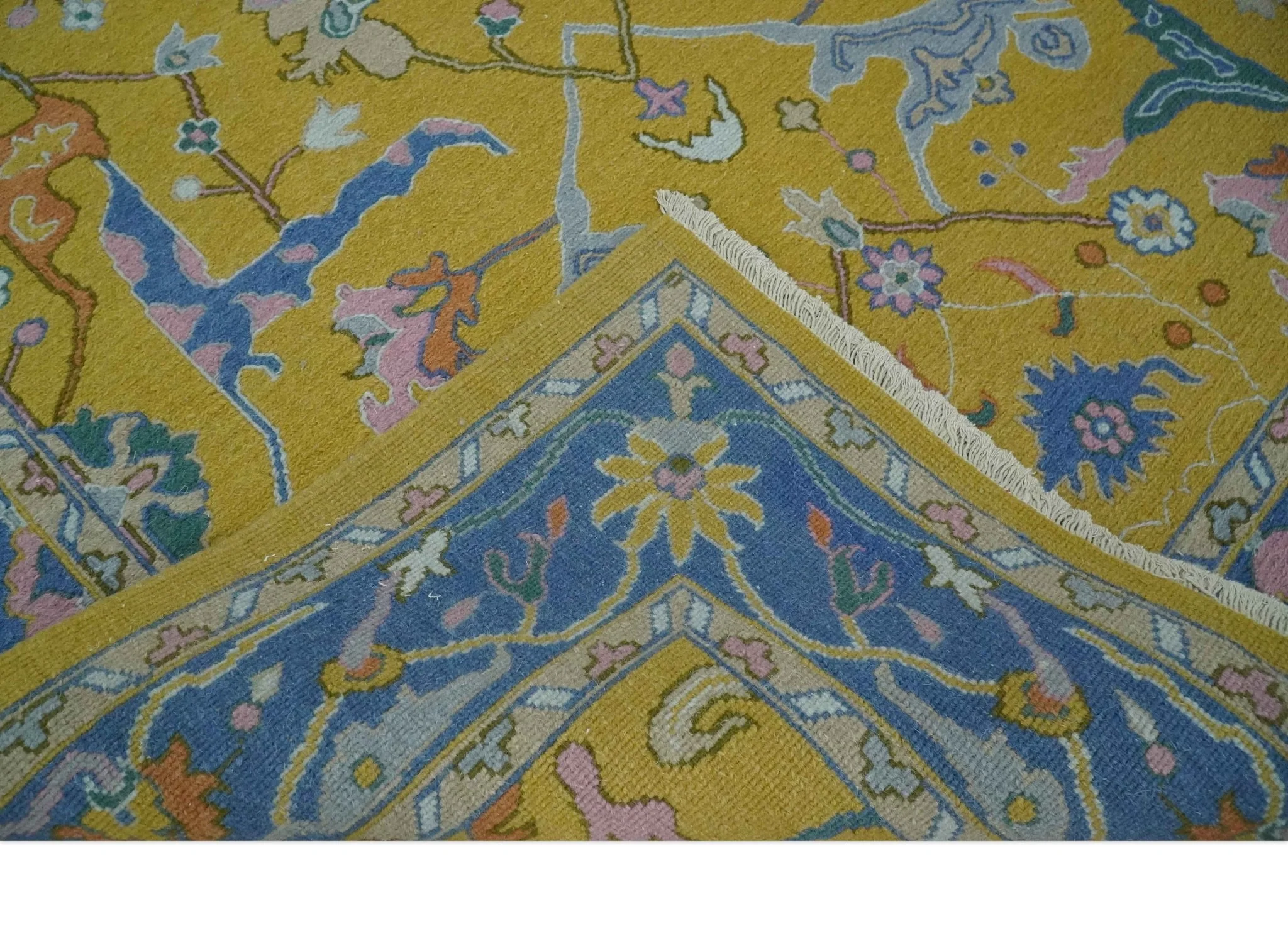 Mustard and Blue Hand-Knotted Sumac Weave oriental Oushak 5.5x7.8 wool Area Rug - Image 6