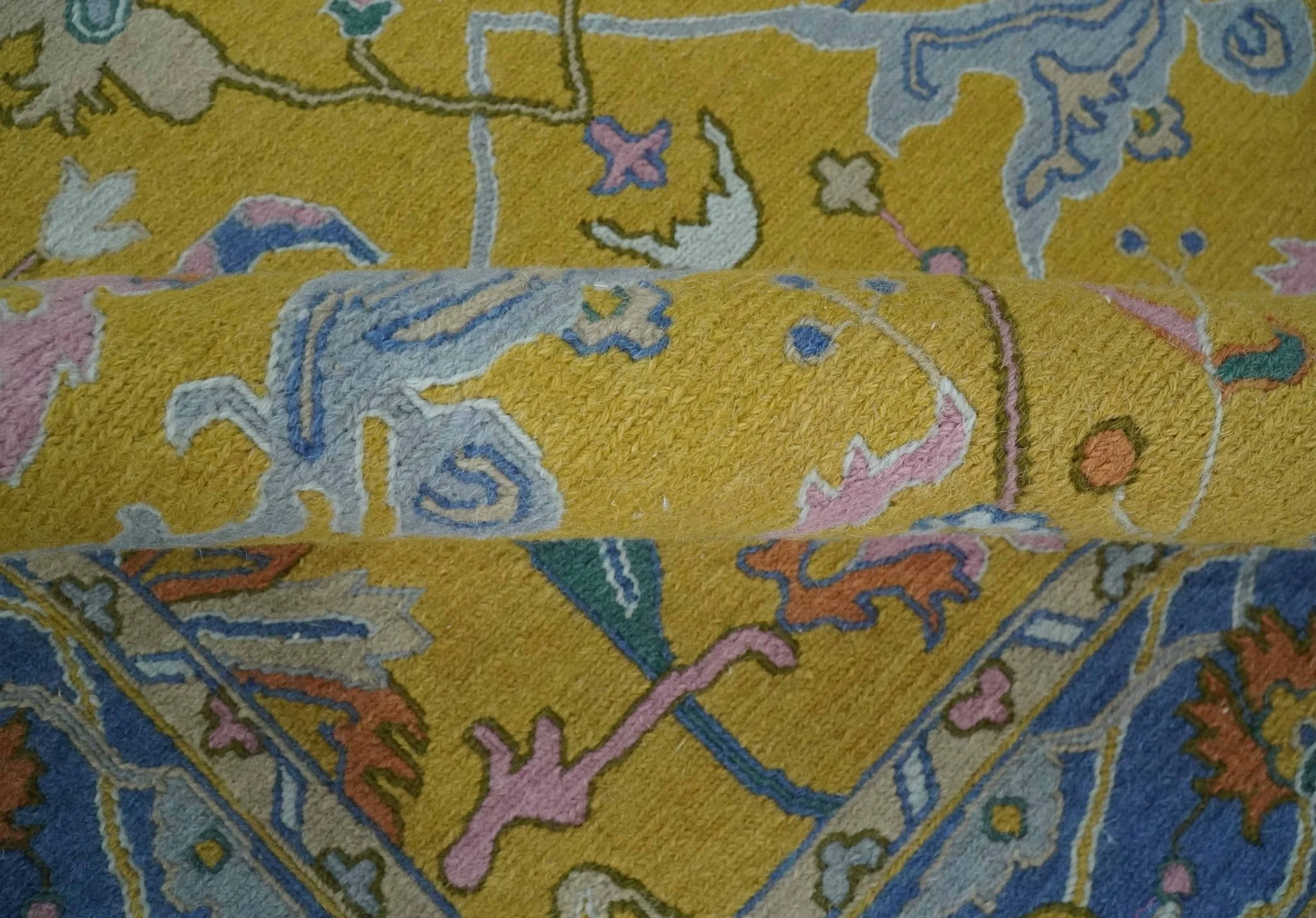 Mustard and Blue Hand-Knotted Sumac Weave oriental Oushak 5.5x7.8 wool Area Rug - Image 7
