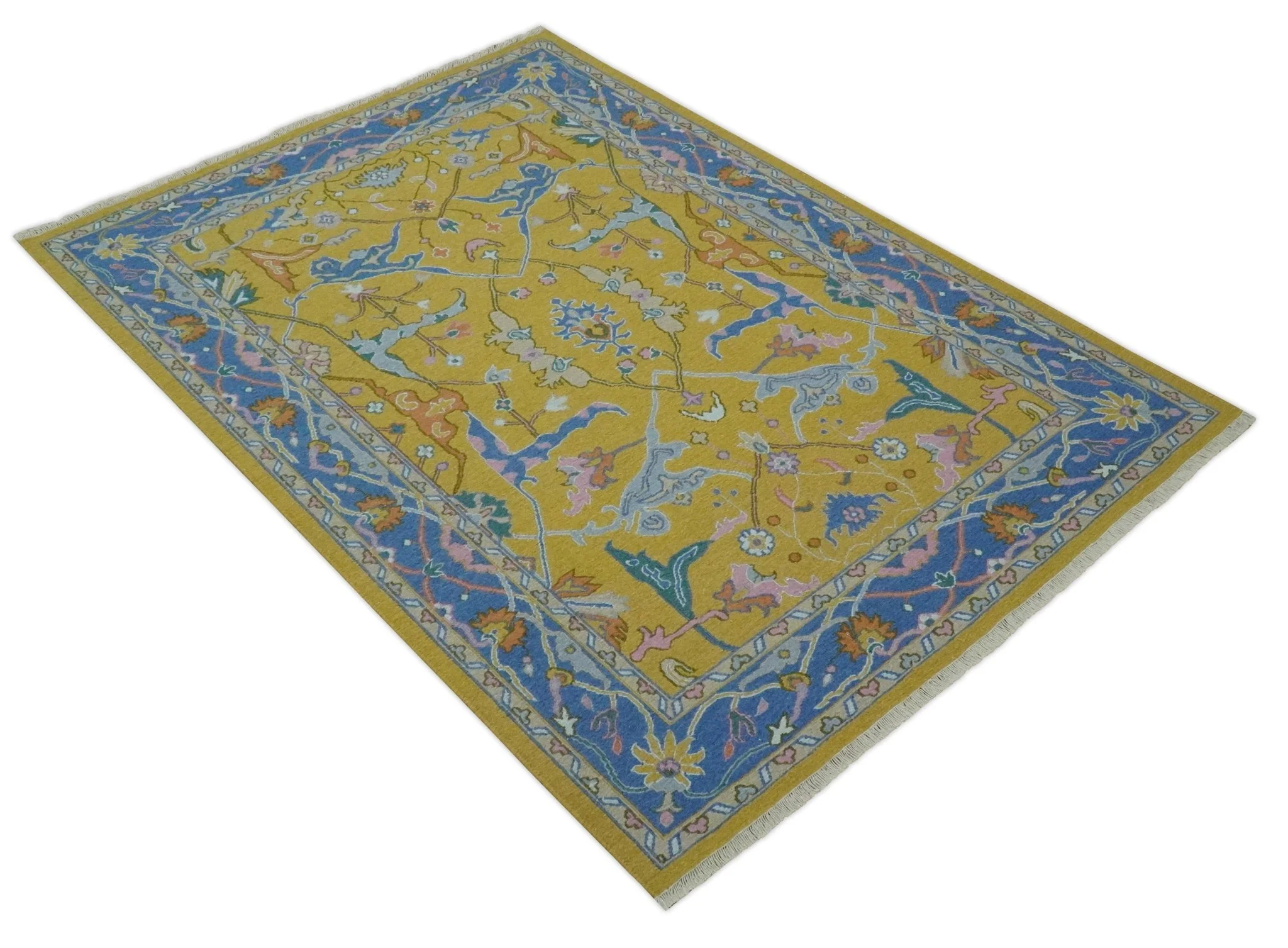 Mustard and Blue Hand-Knotted Sumac Weave oriental Oushak 5.5x7.8 wool Area Rug - Image 9