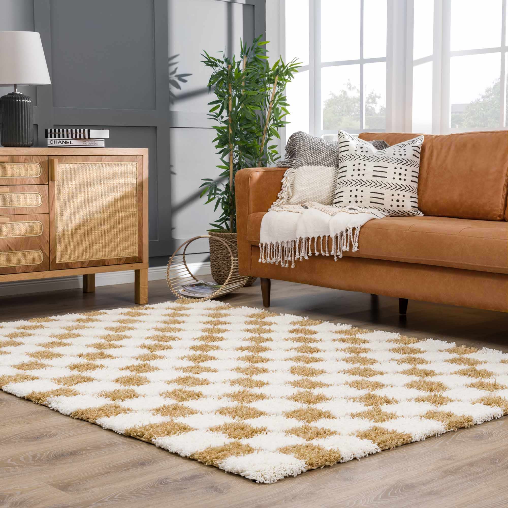 Modern Geometrical Mustard and Ivory Checkered Board Plush Pile Moroccan Style Area Rug - Image 17