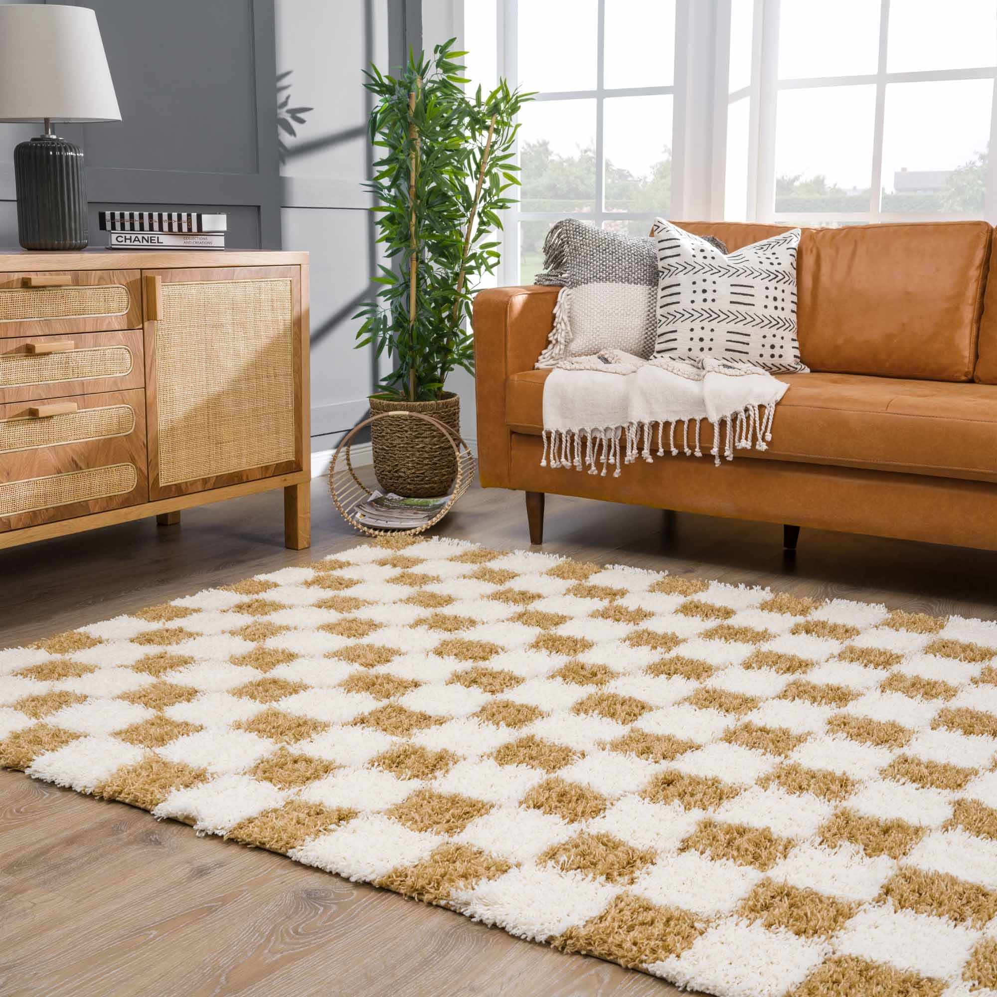 Modern Geometrical Mustard and Ivory Checkered Board Plush Pile Moroccan Style Area Rug - Image 18