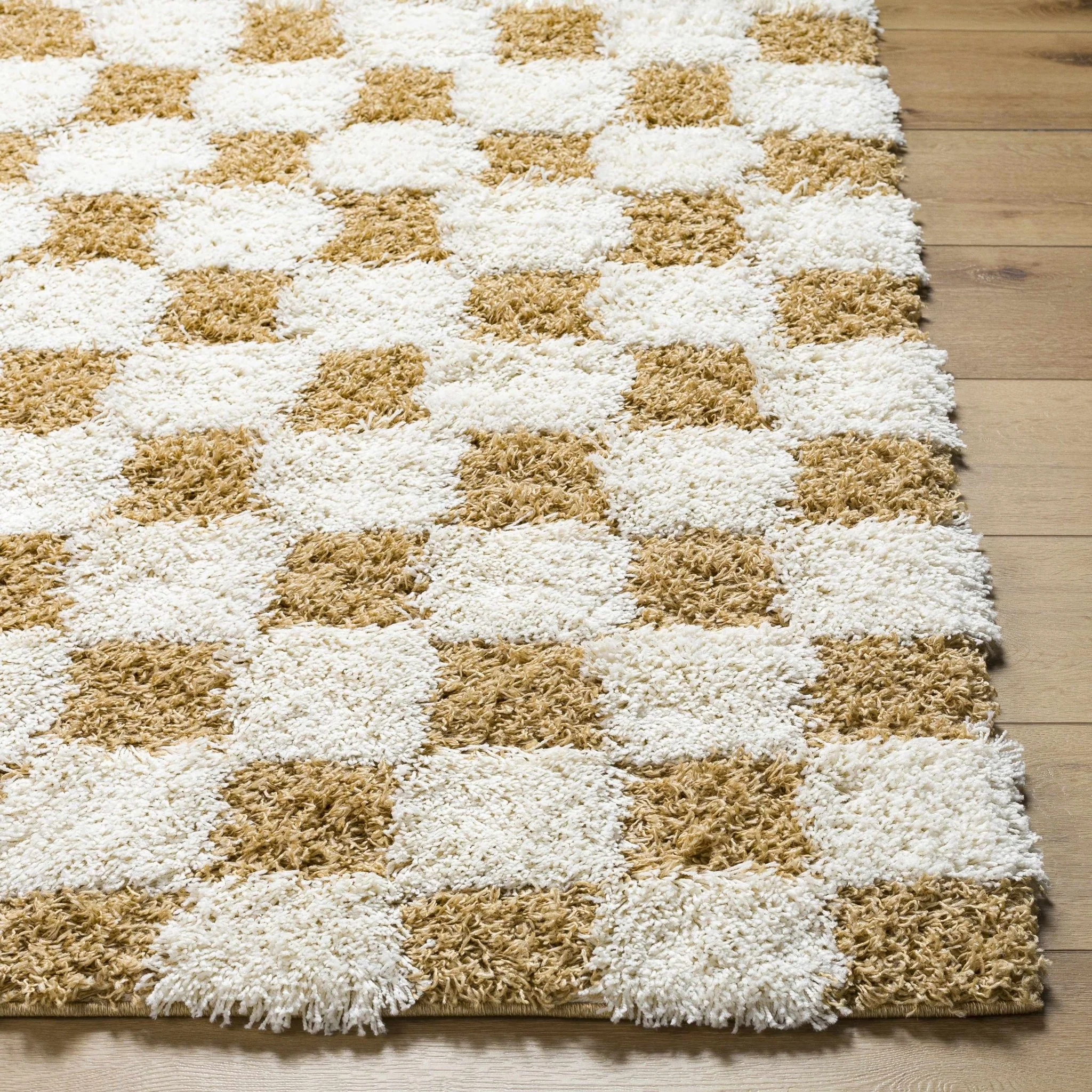 Modern Geometrical Mustard and Ivory Checkered Board Plush Pile Moroccan Style Area Rug - Image 19