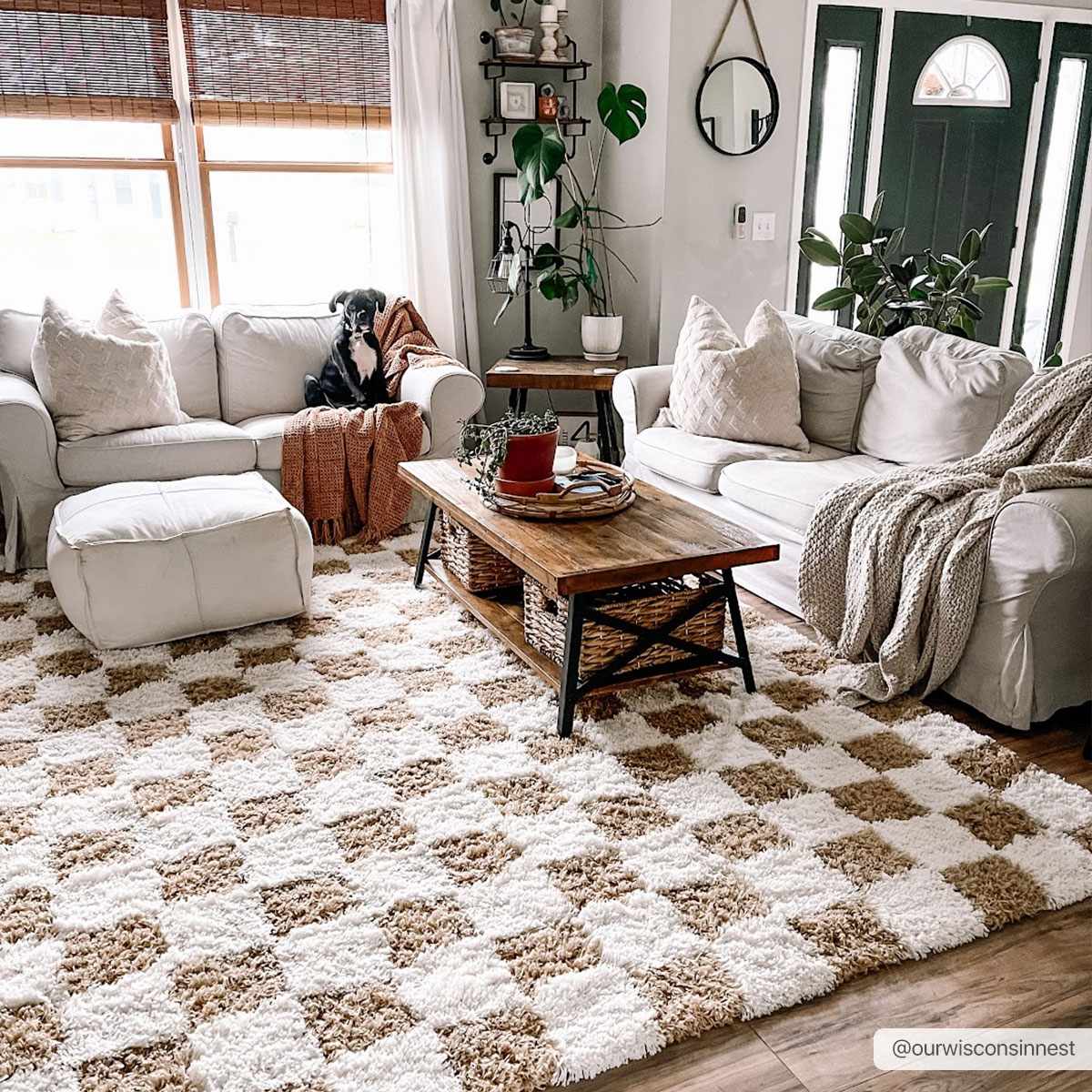 Modern Geometrical Mustard and Ivory Checkered Board Plush Pile Moroccan Style Area Rug - Image 2