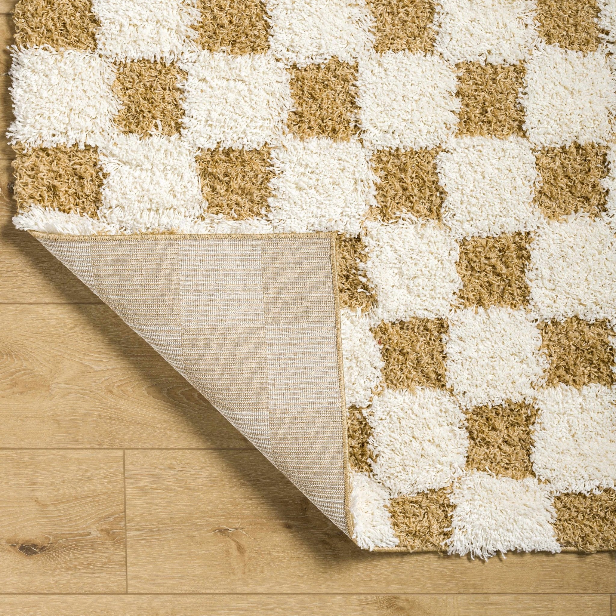 Modern Geometrical Mustard and Ivory Checkered Board Plush Pile Moroccan Style Area Rug - Image 20