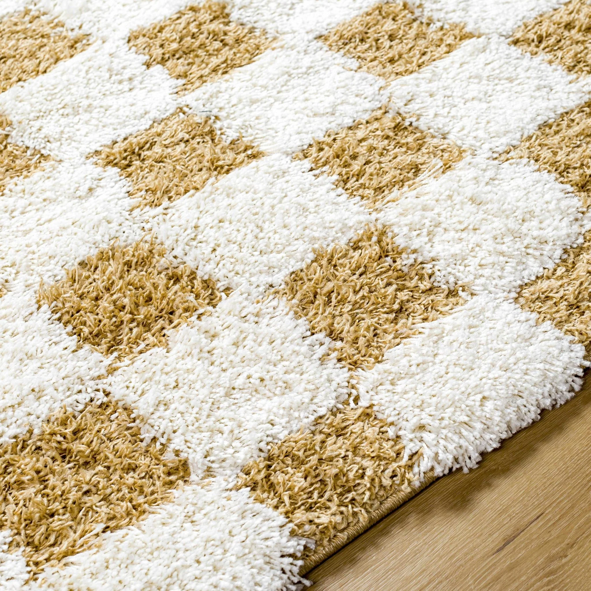 Modern Geometrical Mustard and Ivory Checkered Board Plush Pile Moroccan Style Area Rug - Image 21