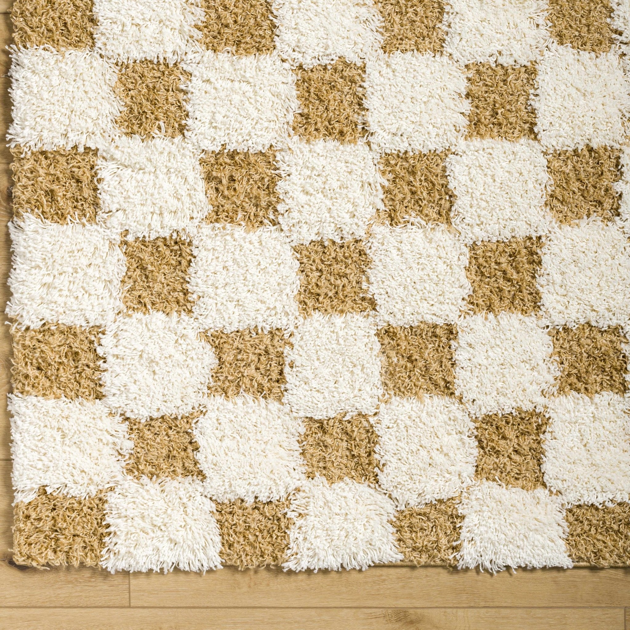 Modern Geometrical Mustard and Ivory Checkered Board Plush Pile Moroccan Style Area Rug - Image 22