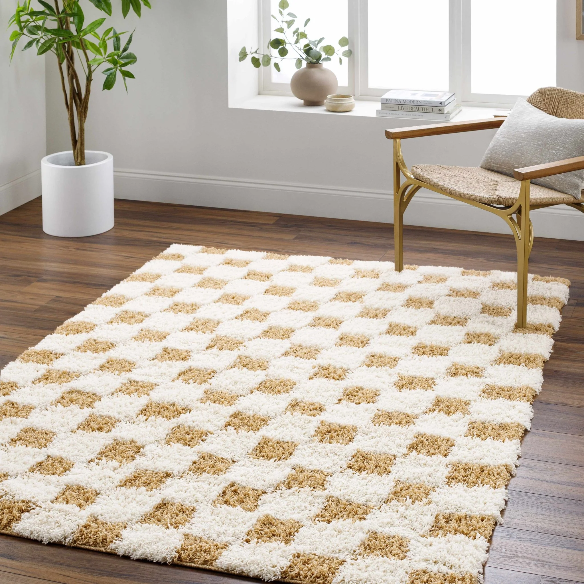 Modern Geometrical Mustard and Ivory Checkered Board Plush Pile Moroccan Style Area Rug - Image 23