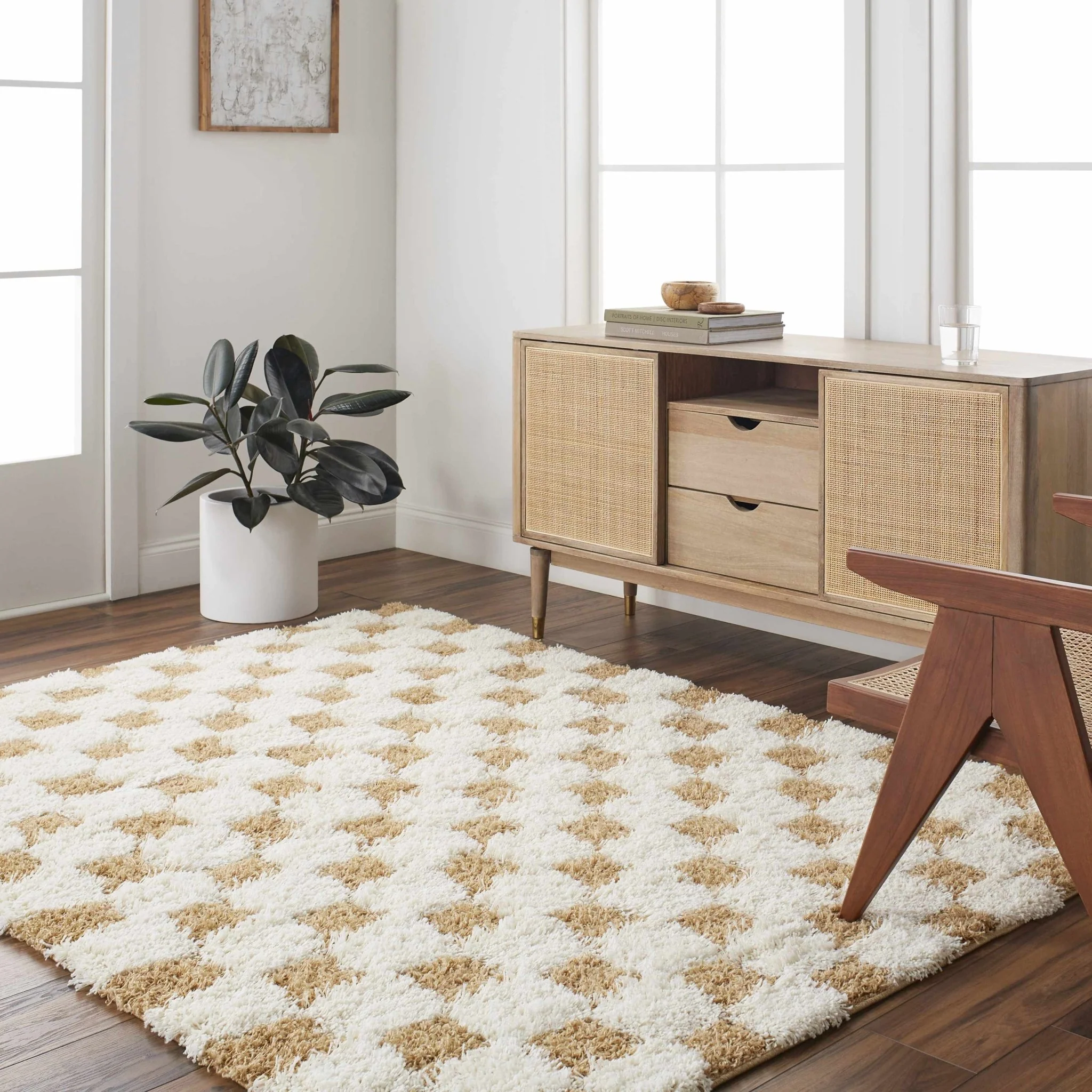 Modern Geometrical Mustard and Ivory Checkered Board Plush Pile Moroccan Style Area Rug - Image 24