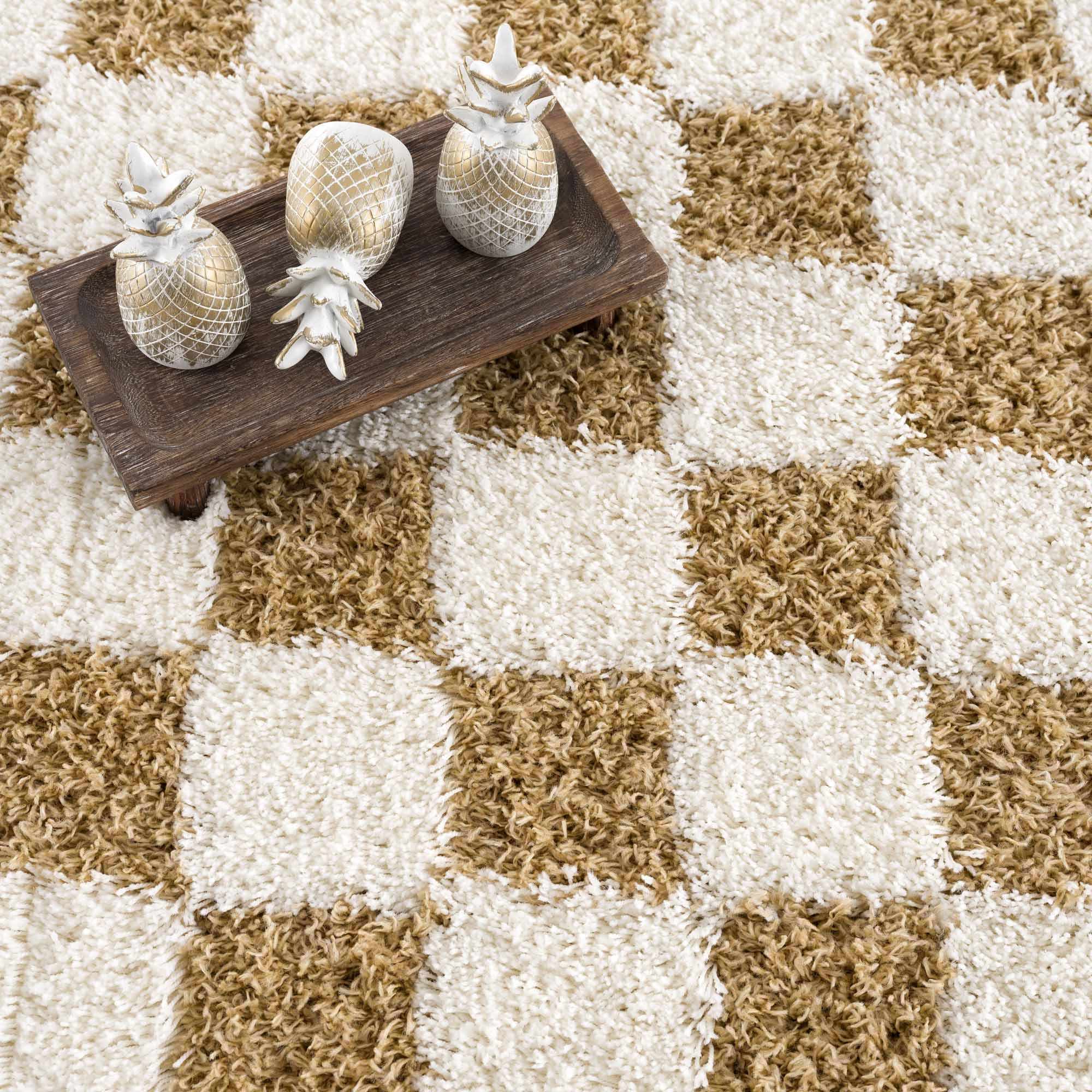 Modern Geometrical Mustard and Ivory Checkered Board Plush Pile Moroccan Style Area Rug - Image 4