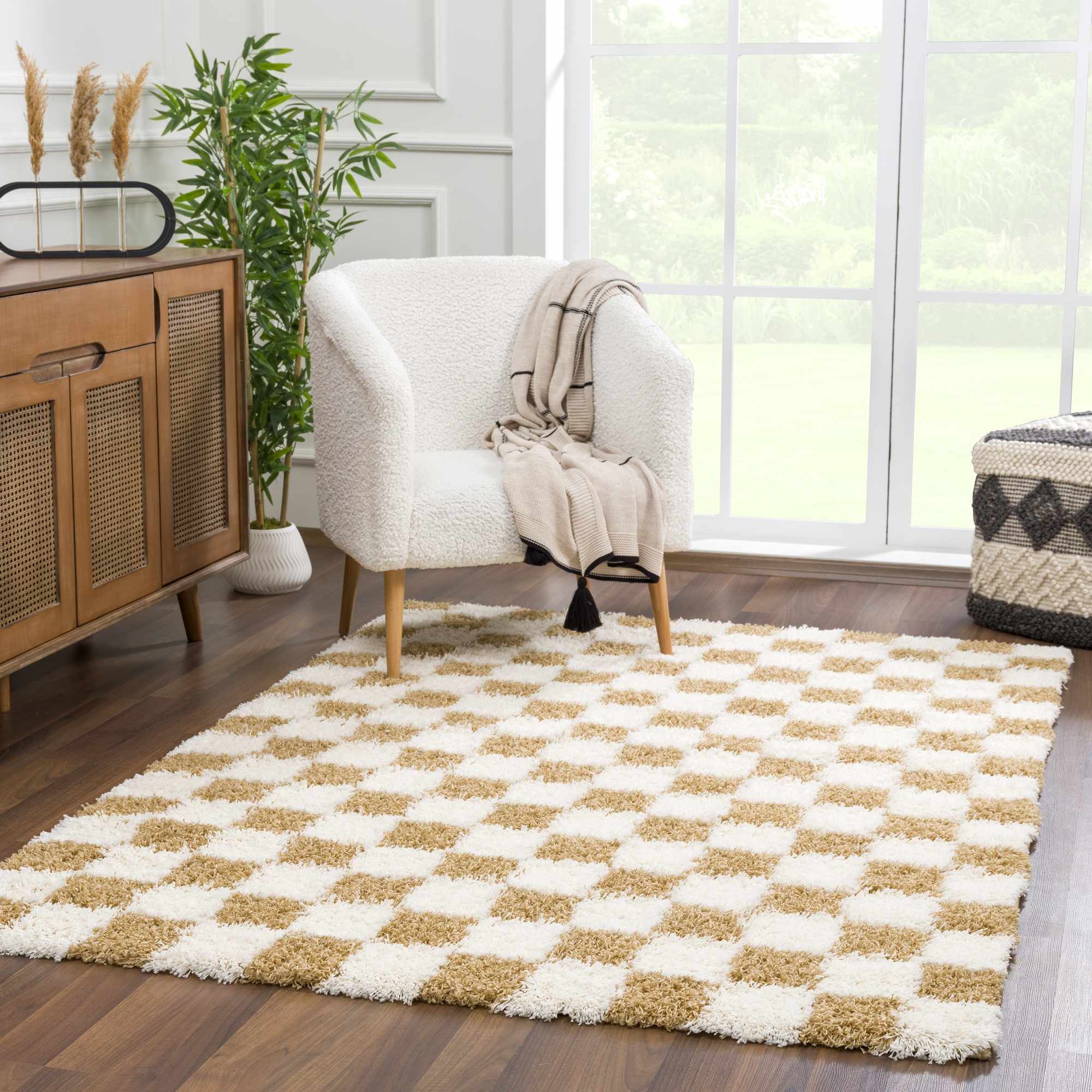 Modern Geometrical Mustard and Ivory Checkered Board Plush Pile Moroccan Style Area Rug - Image 6