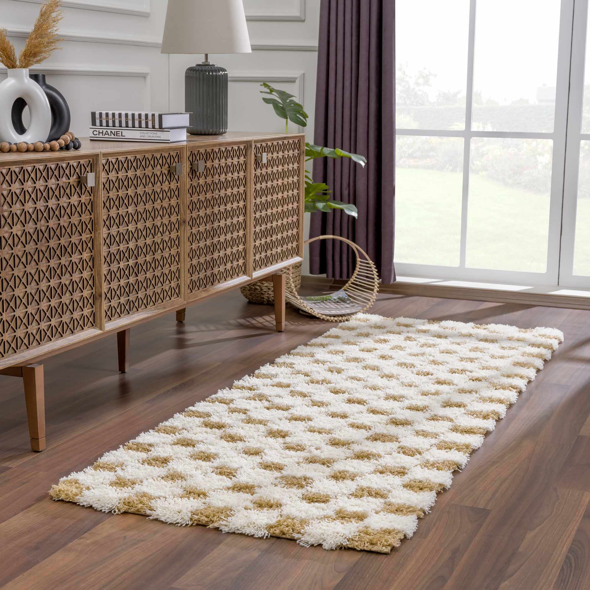 Modern Geometrical Mustard and Ivory Checkered Board Plush Pile Moroccan Style Area Rug - Image 7